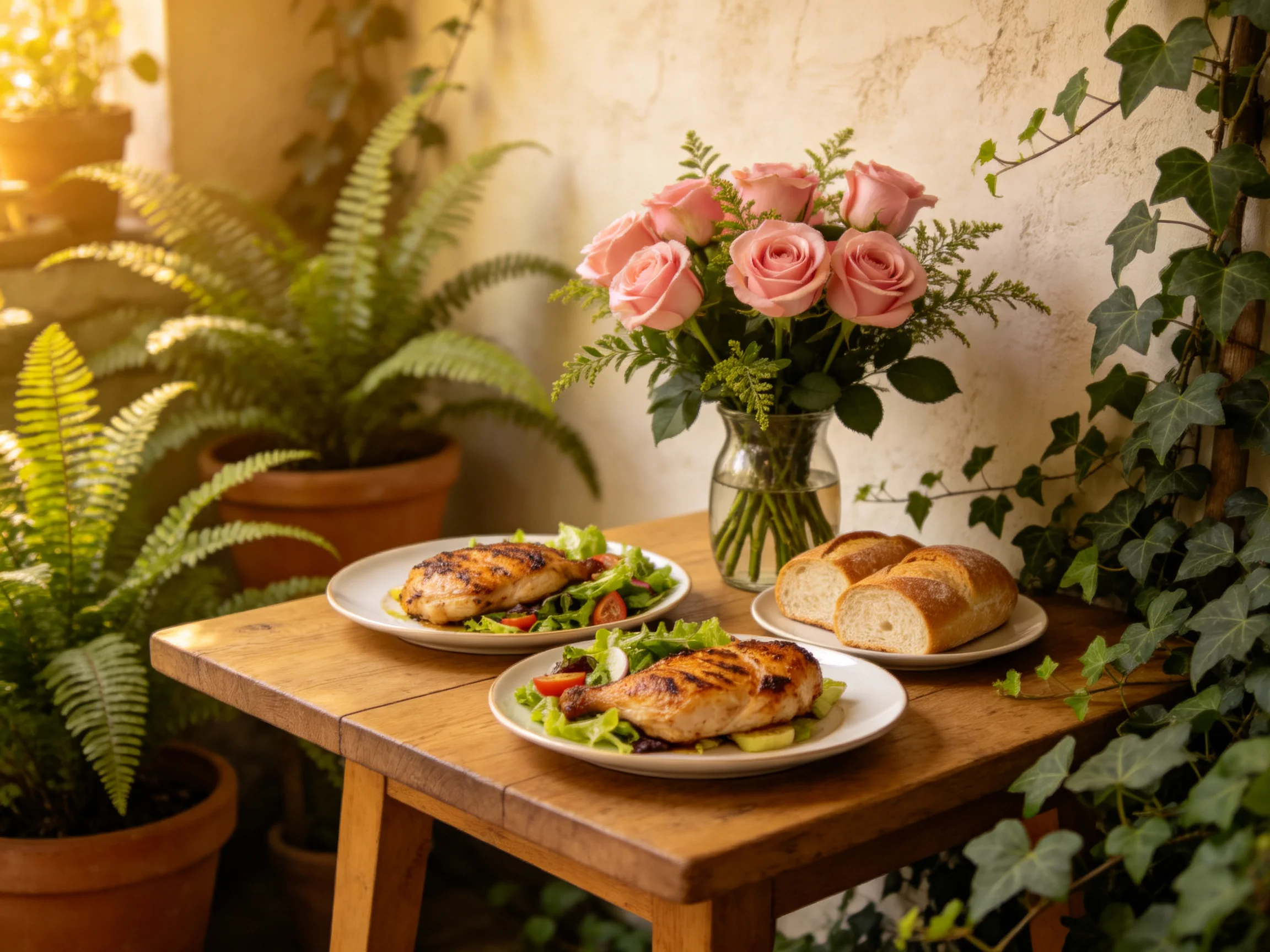 A cozy outdoor table with grilled chicken, bread, and pink roses surrounded by potted ferns