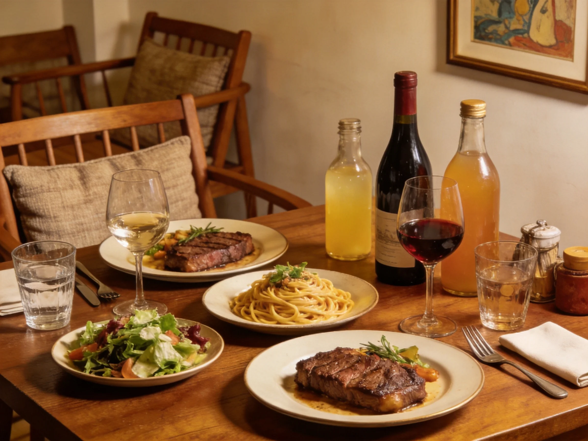A cozy wooden table set with grilled steaks, pasta, and assorted drinks