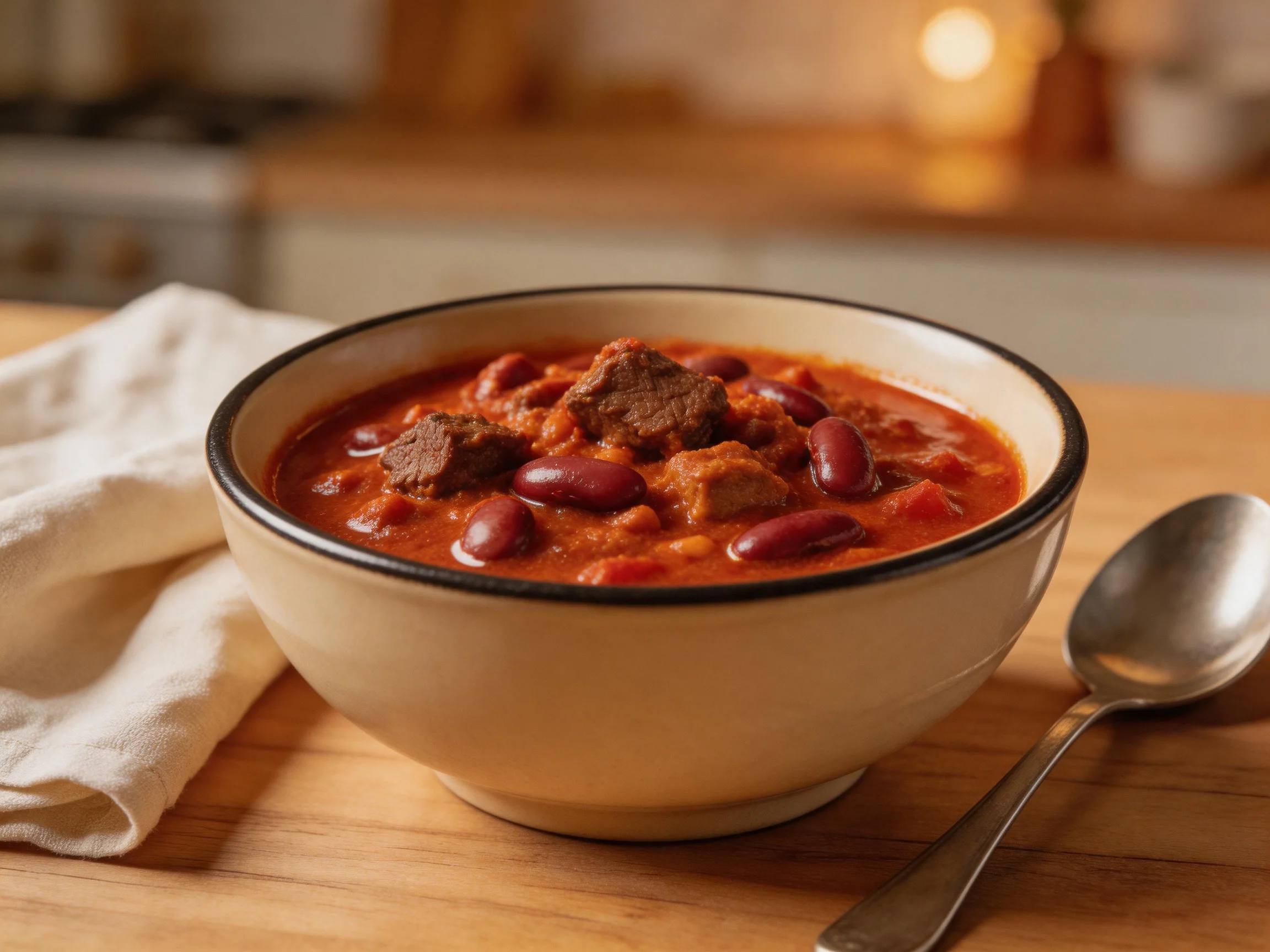A creamy bowl holds a rich chili with red beans and beef