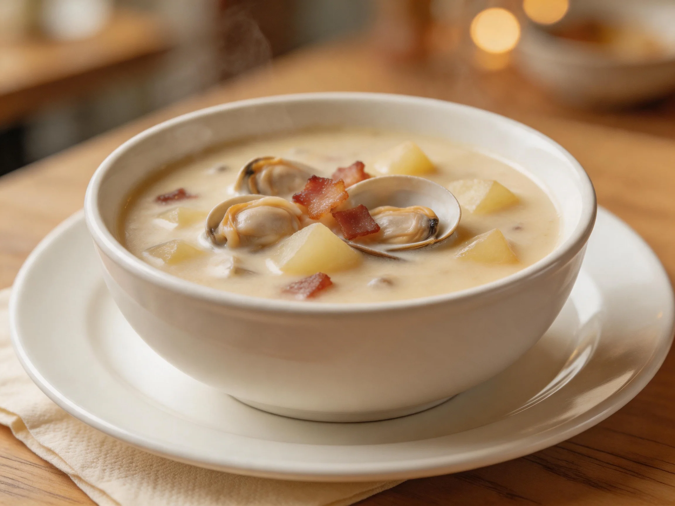 A creamy clam and potato chowder with bacon in a white bowl