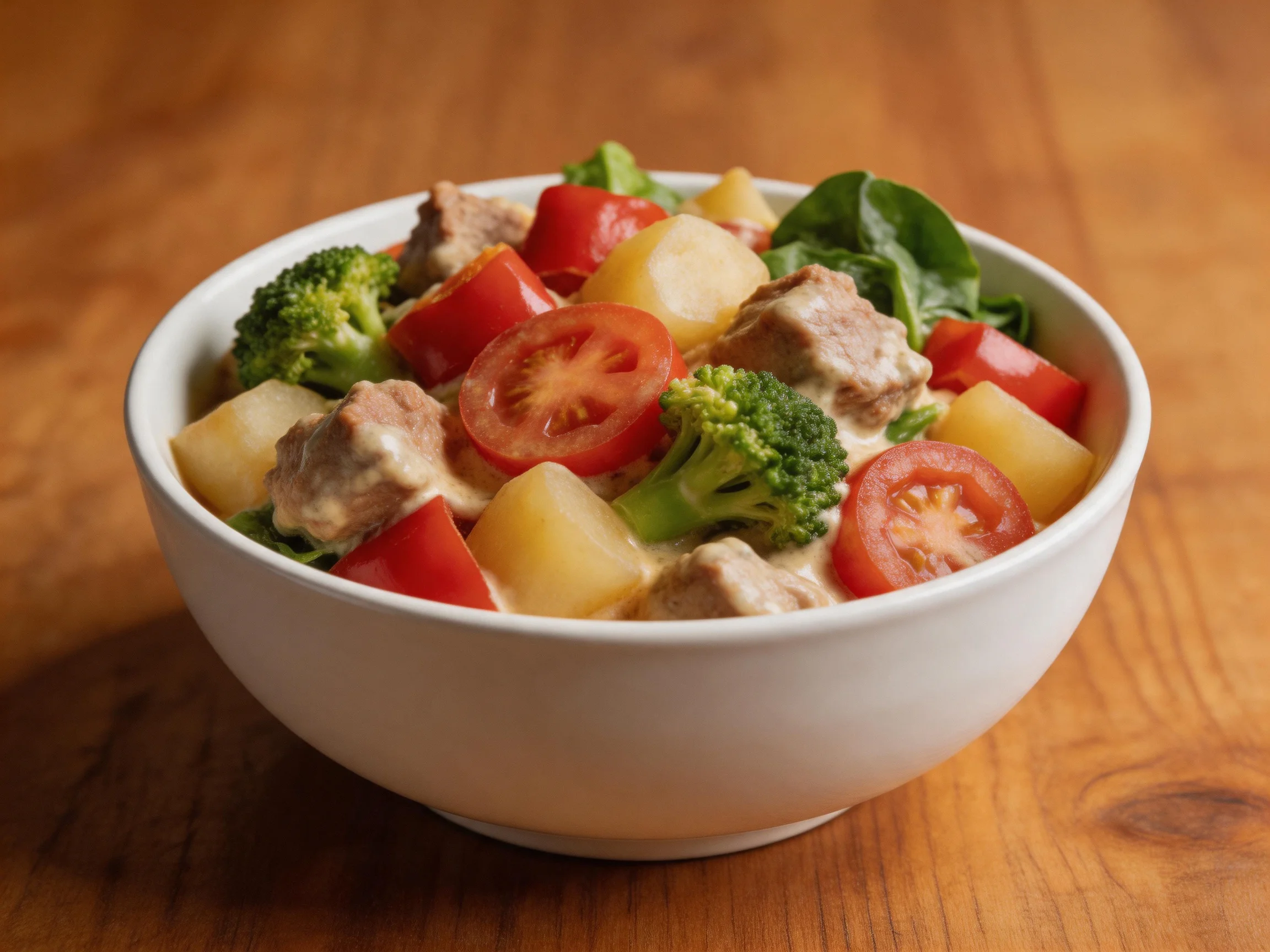 A creamy mixed vegetable and meat bowl with broccoli, tomatoes, and potatoes