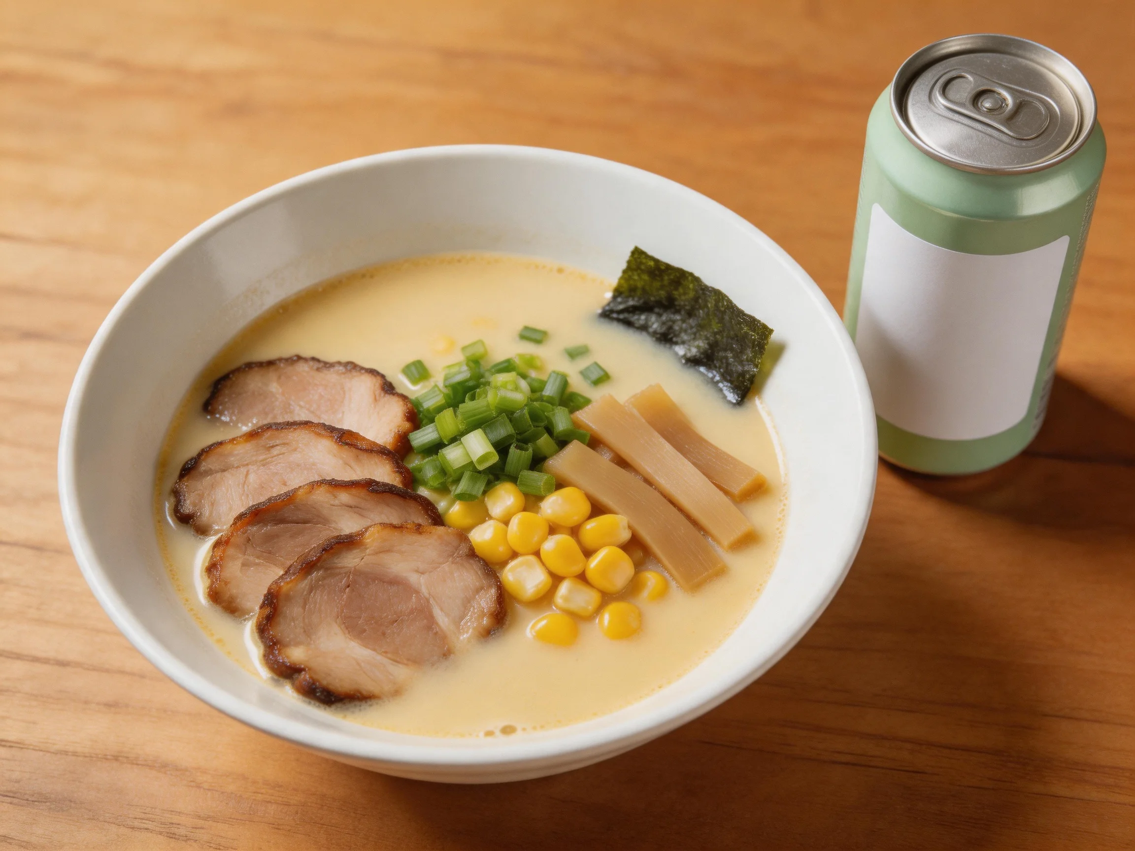 A creamy ramen bowl with pork, corn, seaweed, and a green soda can