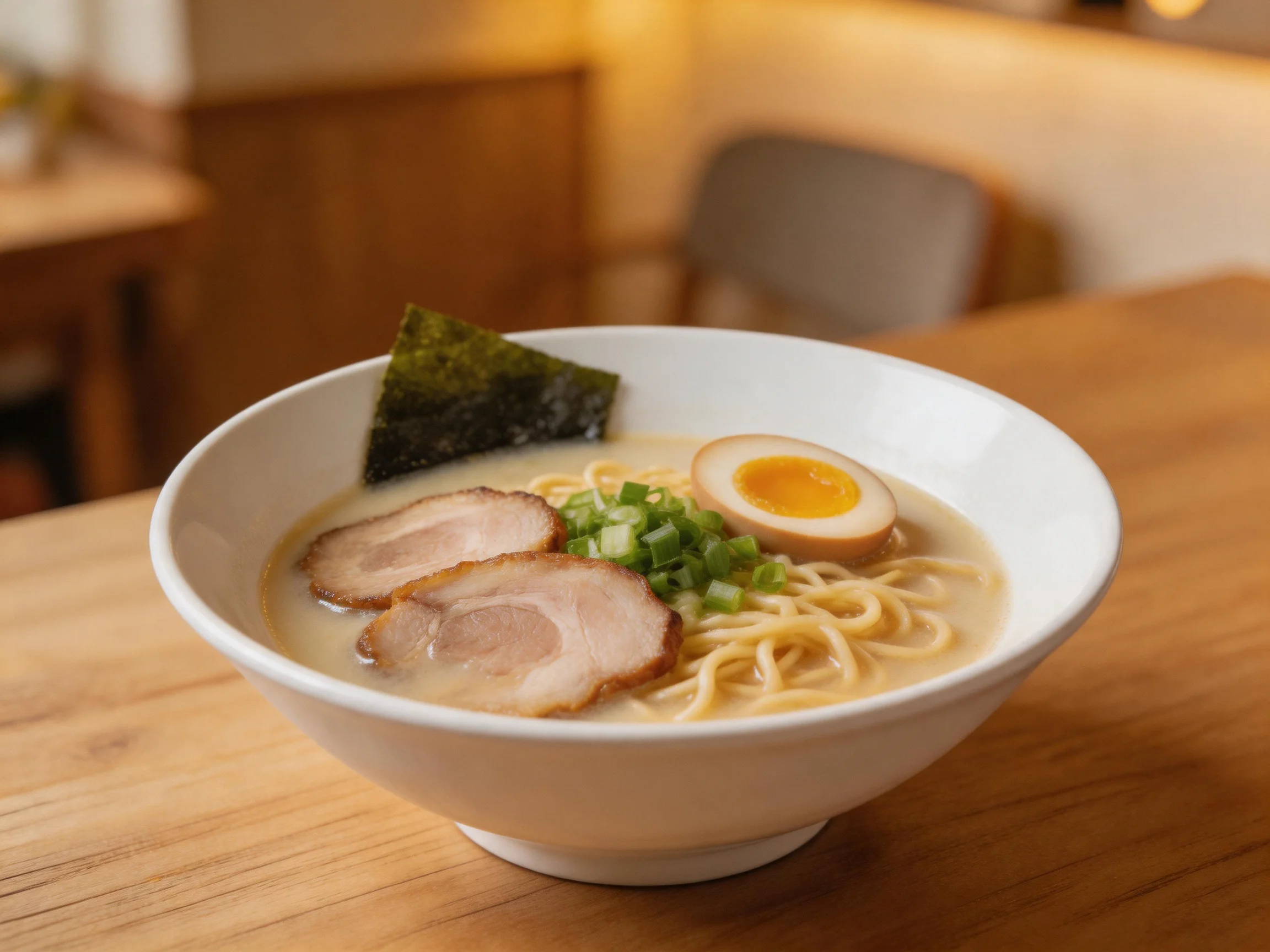 A creamy ramen bowl with pork, egg, seaweed, and green onions