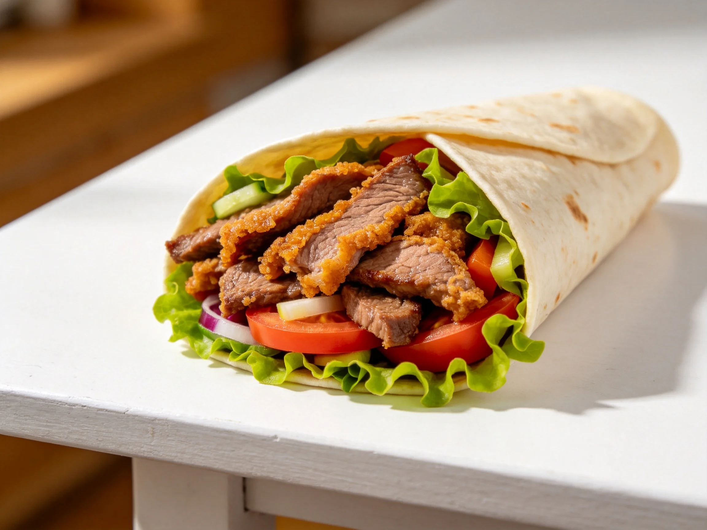 A crispy beef wrap filled with fresh lettuce, tomatoes, and cucumbers