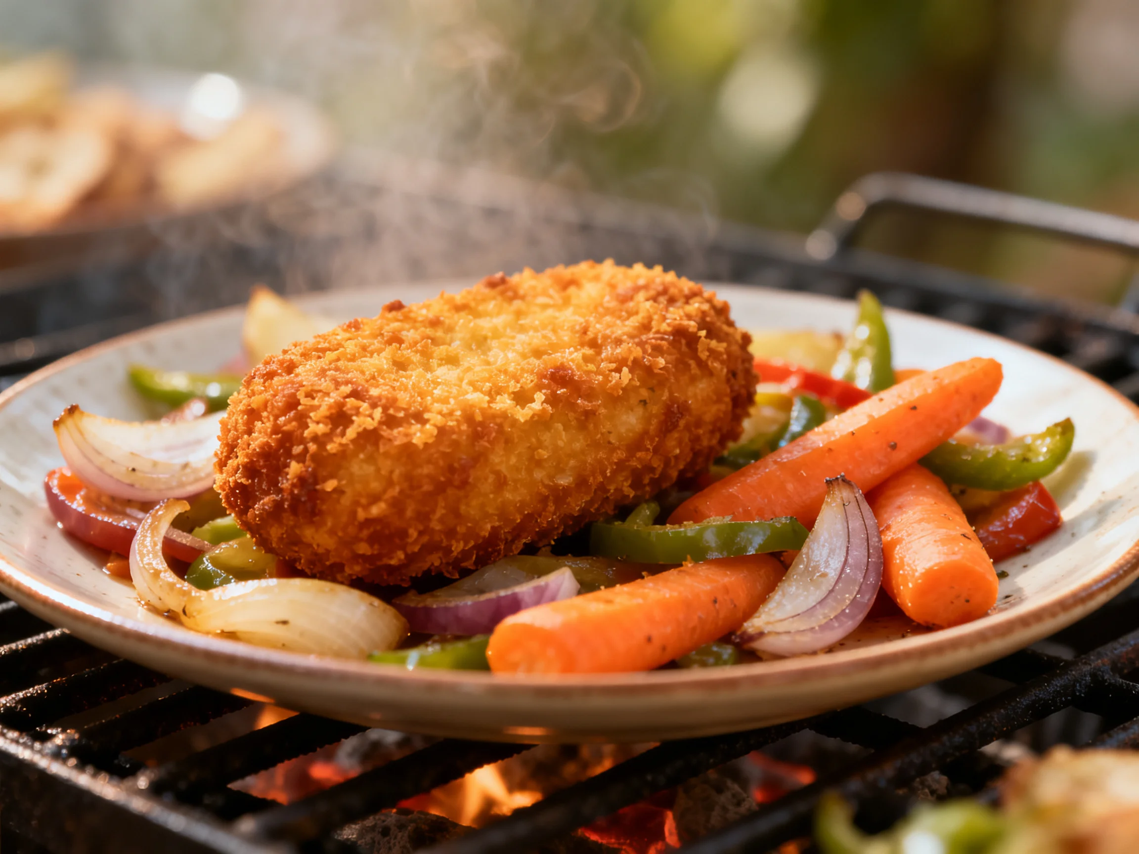 A crispy breaded cutlet and colorful vegetables grilling over flames