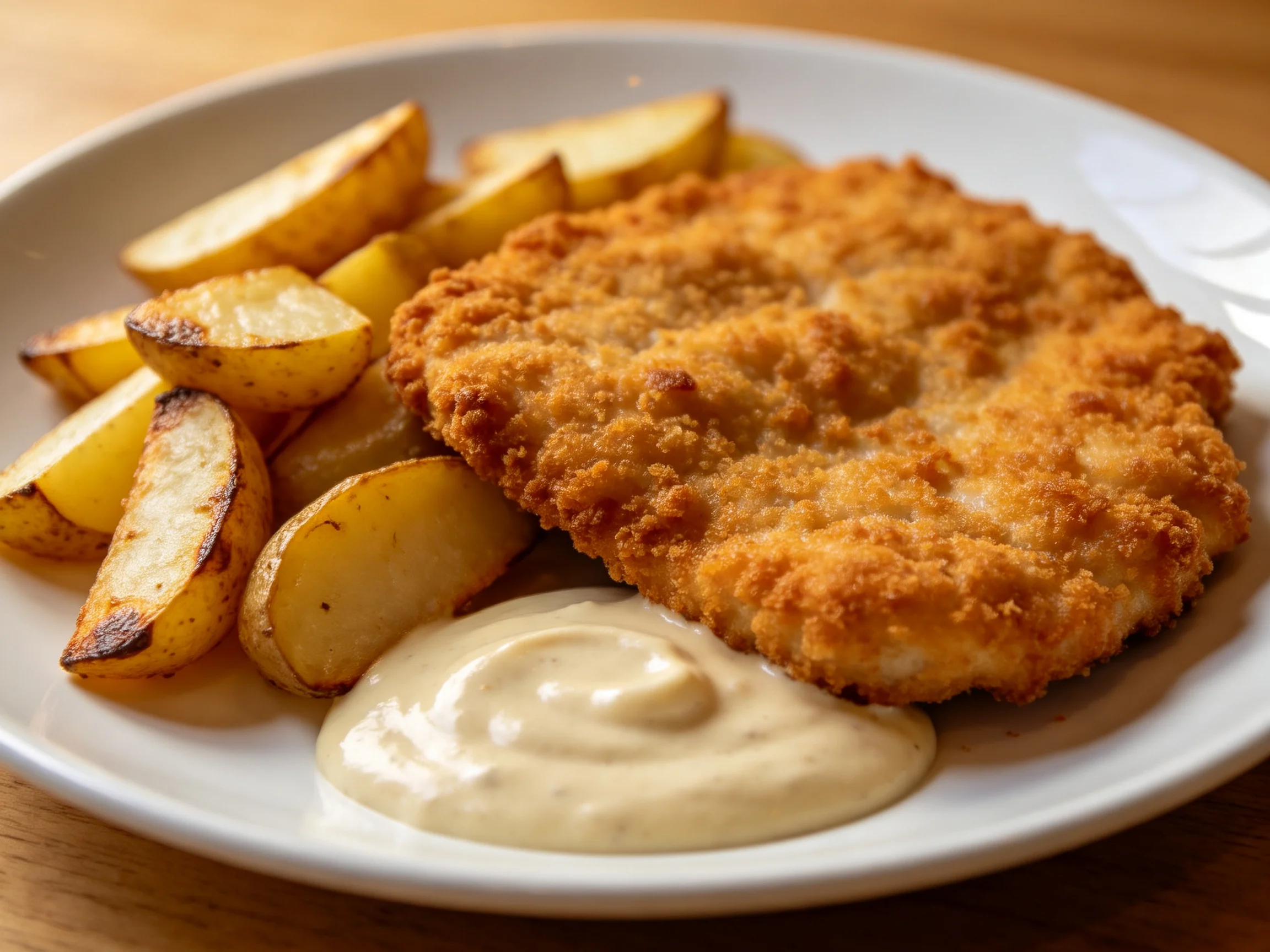 A crispy breaded cutlet with roasted potato wedges and creamy sauce