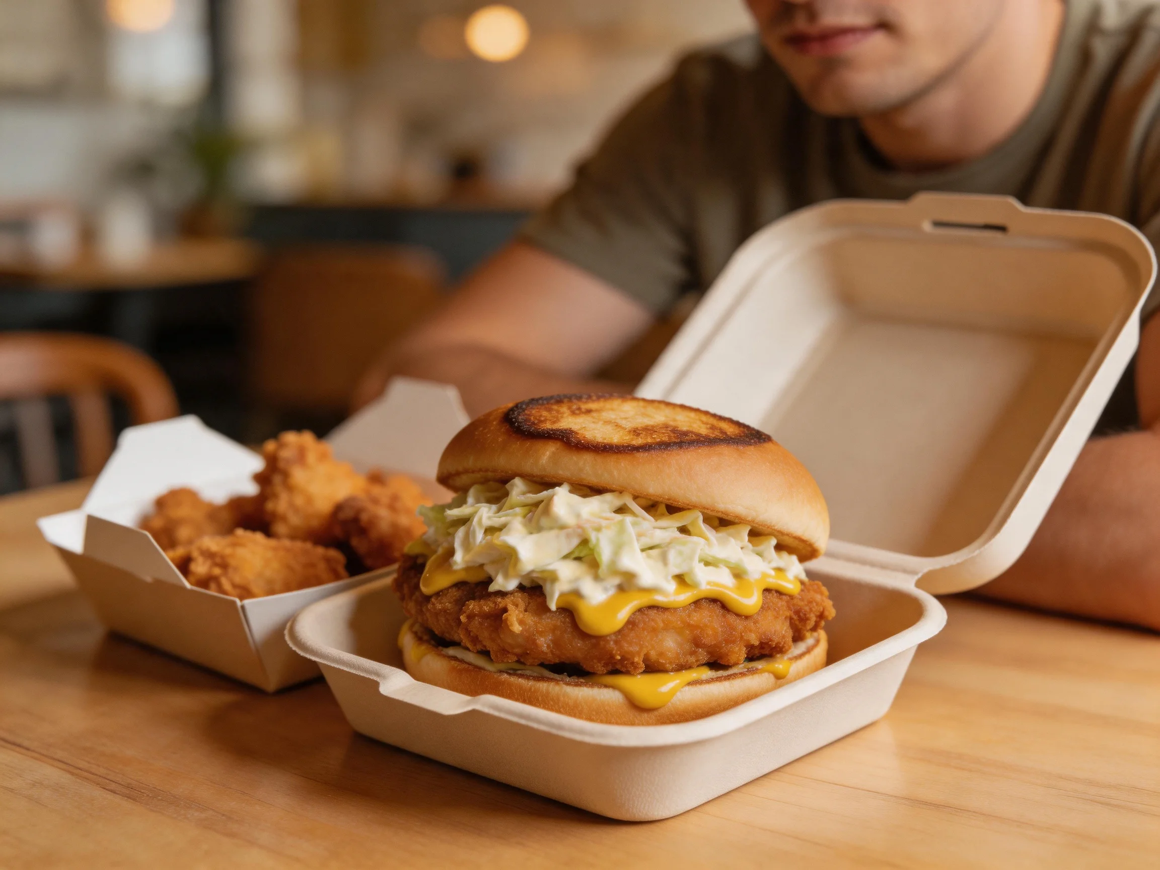 A crispy chicken sandwich with coleslaw and fried chicken bites in takeout containers
