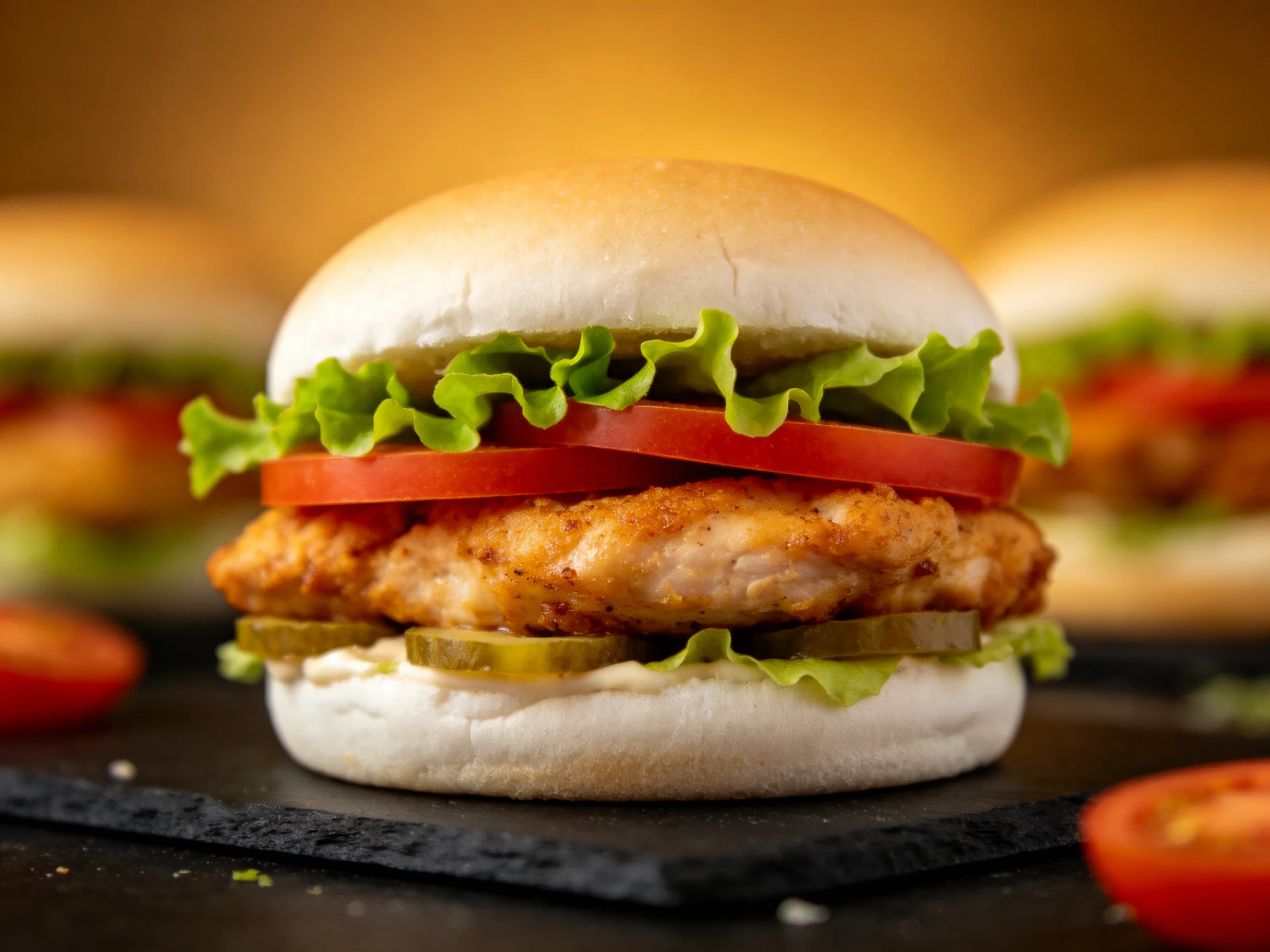 A crispy chicken sandwich with fresh veggies and soft bun