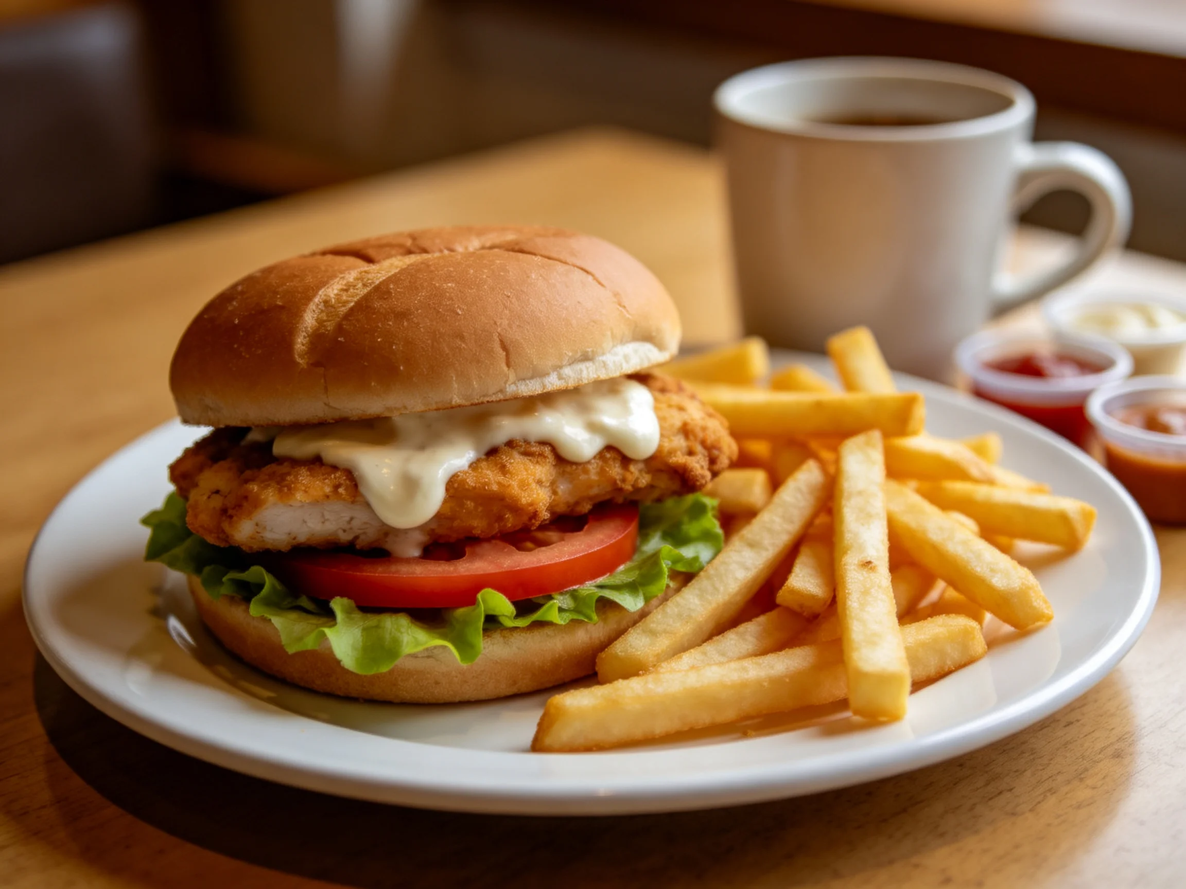 A crispy chicken sandwich with golden fries and coffee on a wooden table