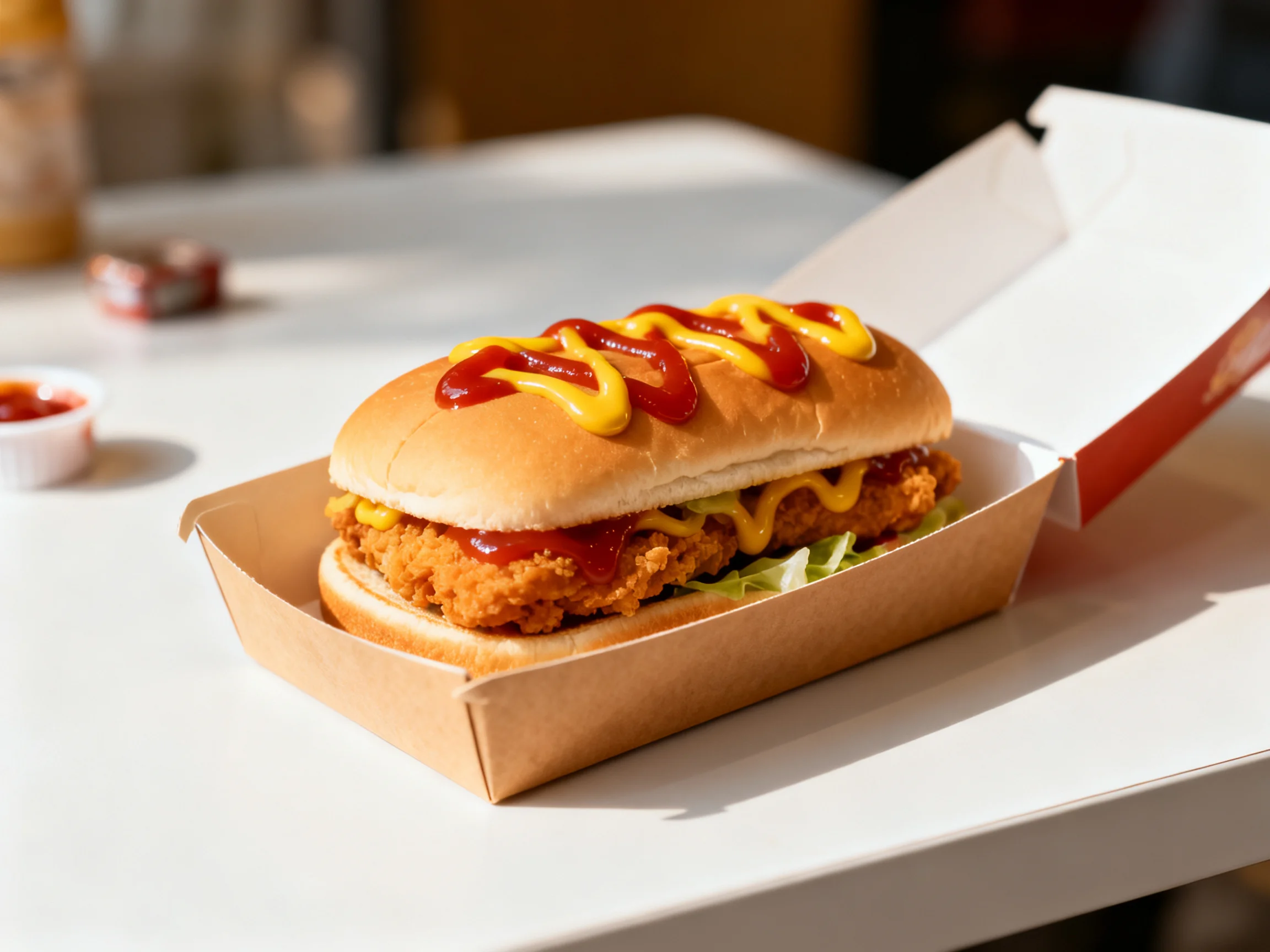 A crispy chicken sandwich with ketchup and mustard in an open paper box