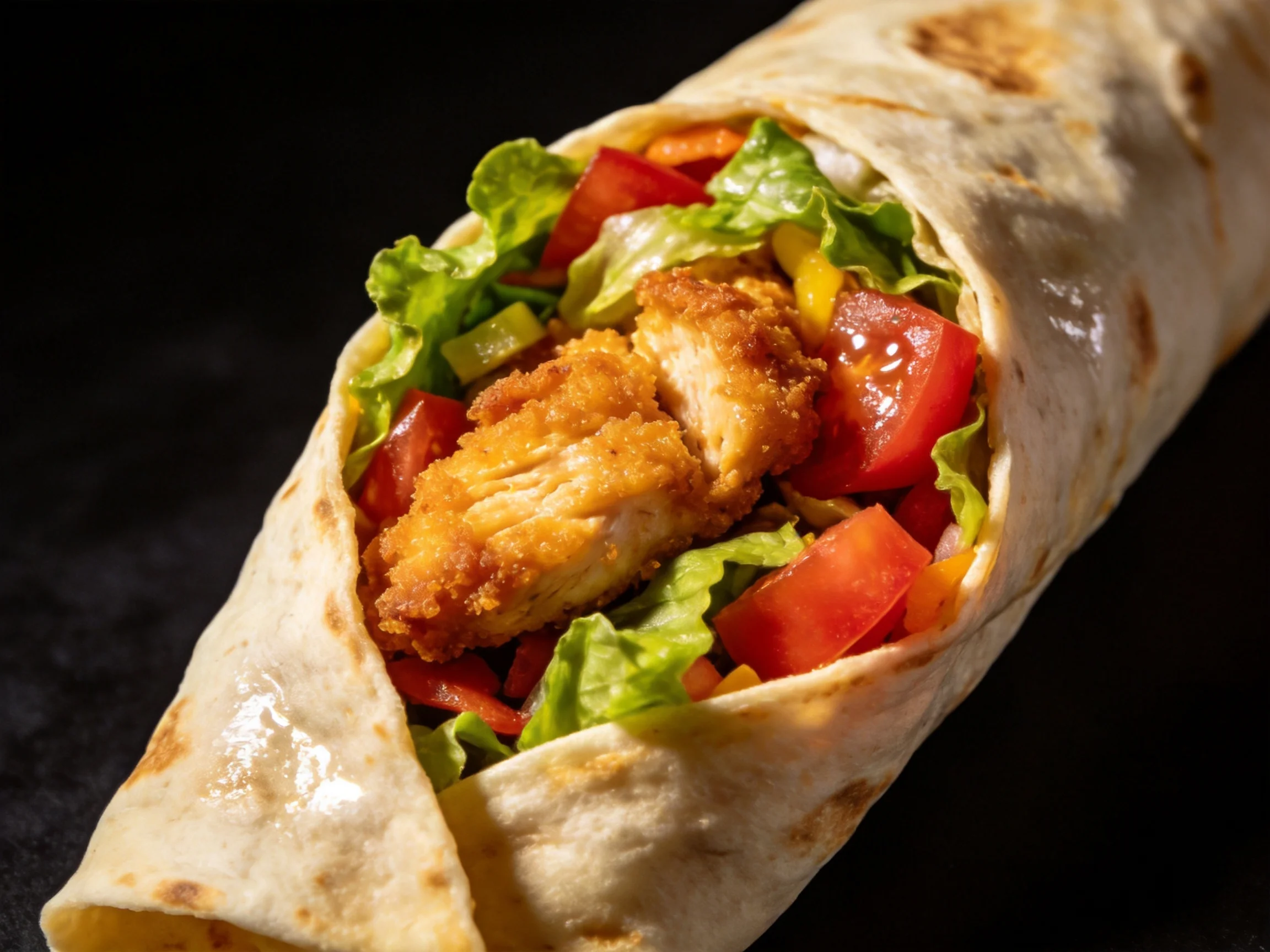 A crispy chicken wrap filled with fresh greens and vibrant tomatoes