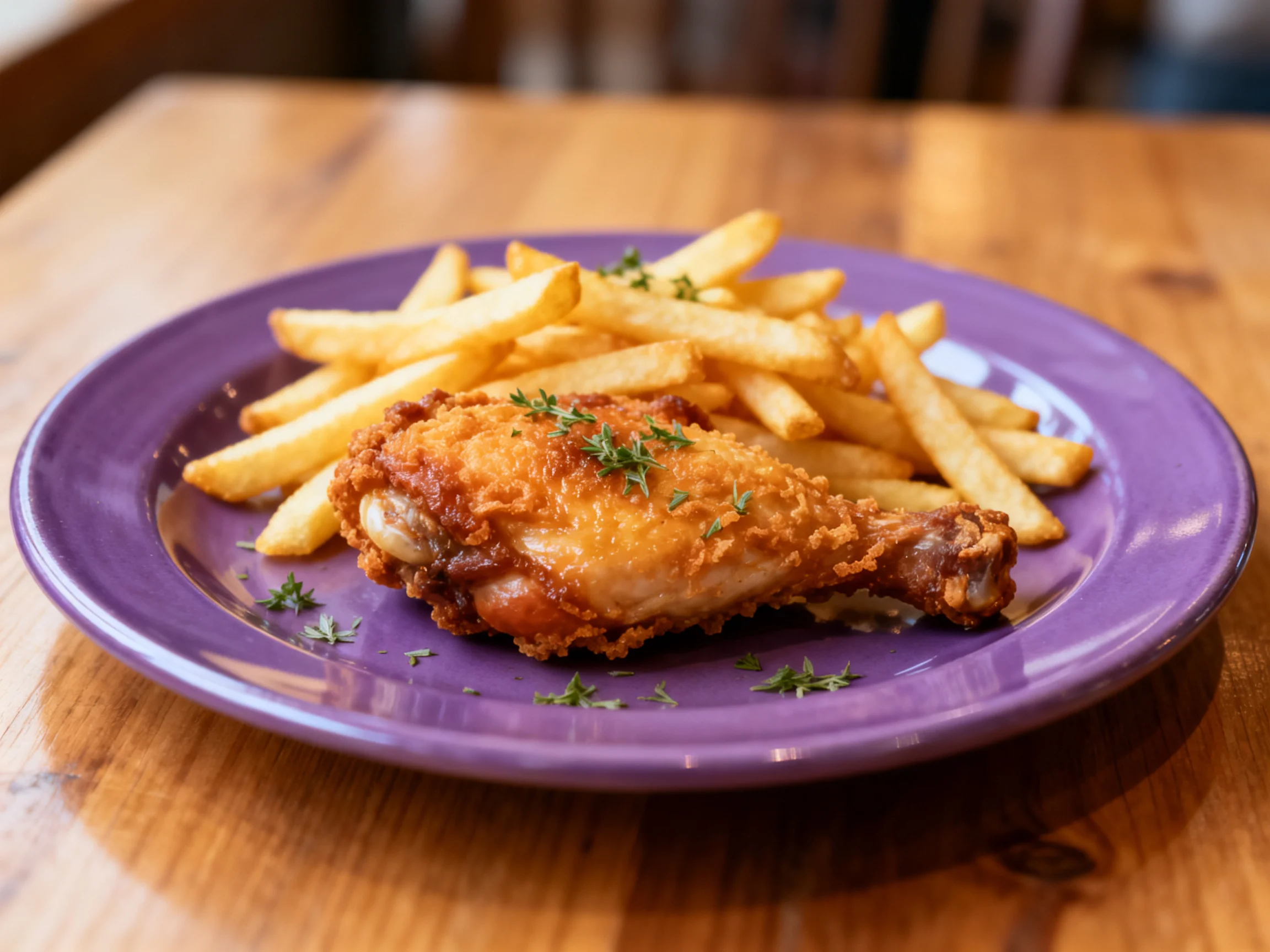 A crispy fried chicken leg and golden fries on a purple plate