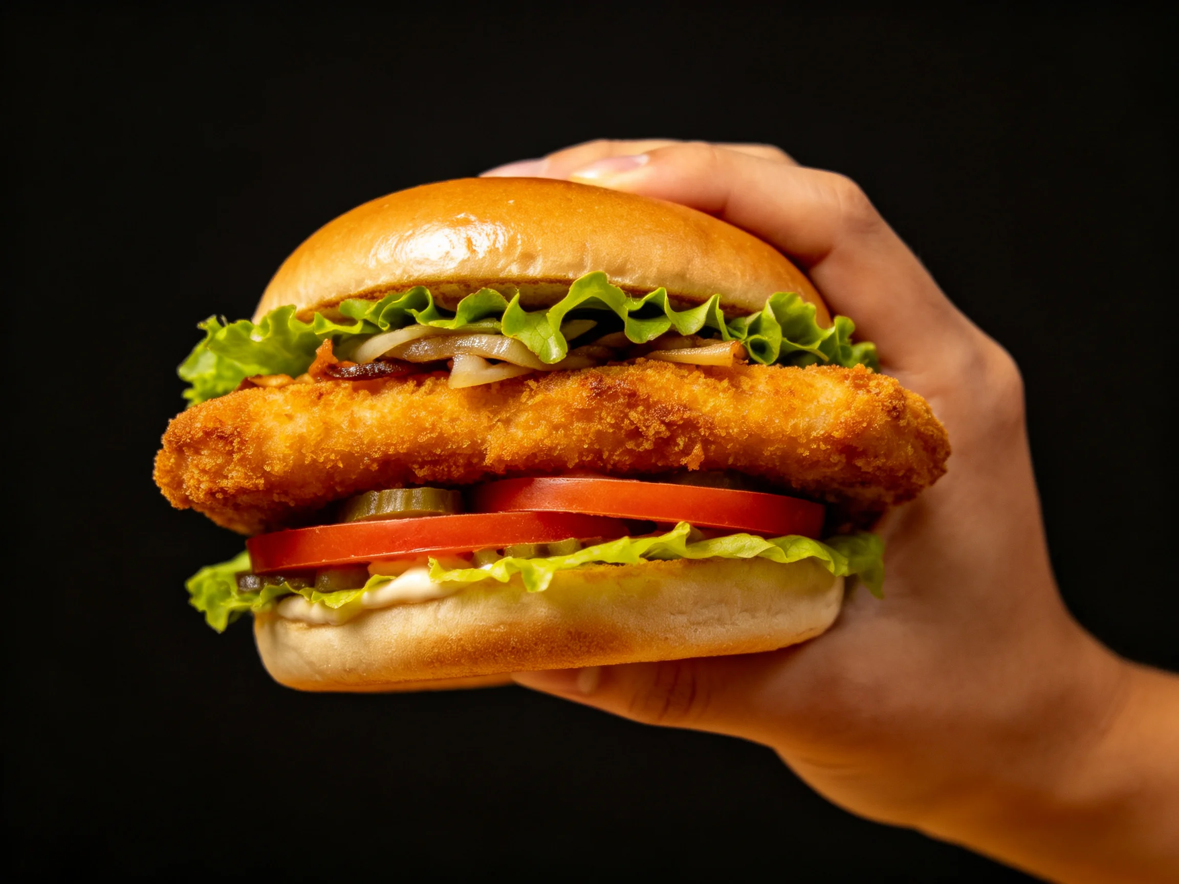A crispy fried chicken sandwich with fresh veggies on soft buns
