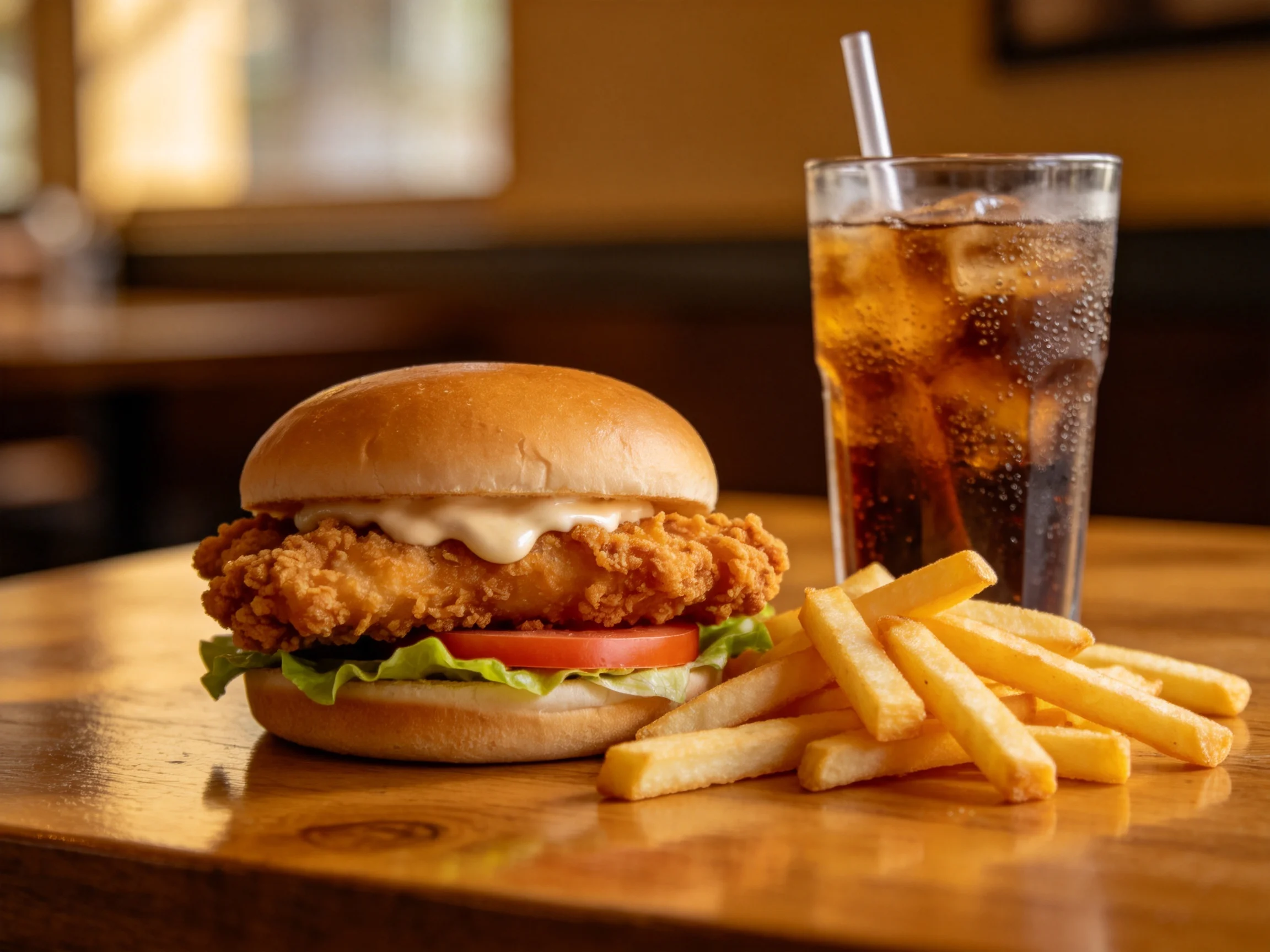 A crispy fried chicken sandwich with golden fries and dark soda