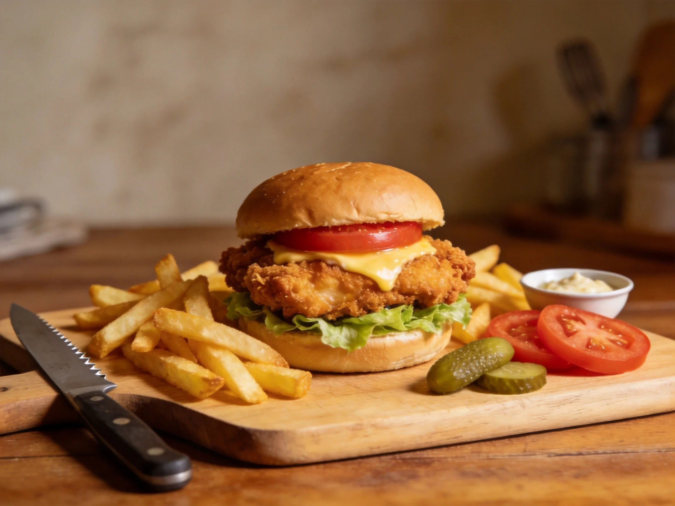 A crispy fried chicken sandwich with golden fries and fresh veggies