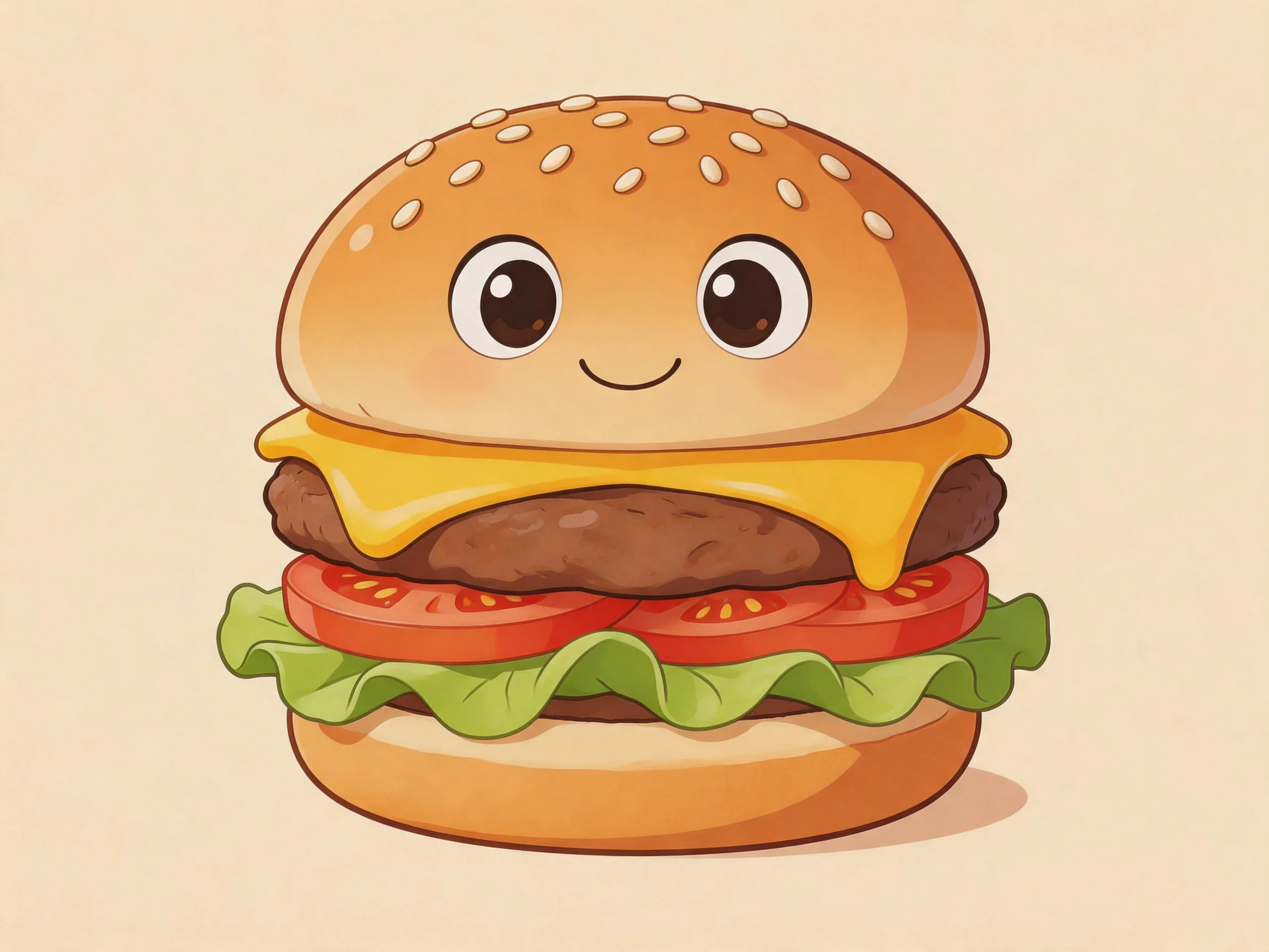 A cute cartoon hamburger with sesame bun, cheese, tomato, and lettuce
