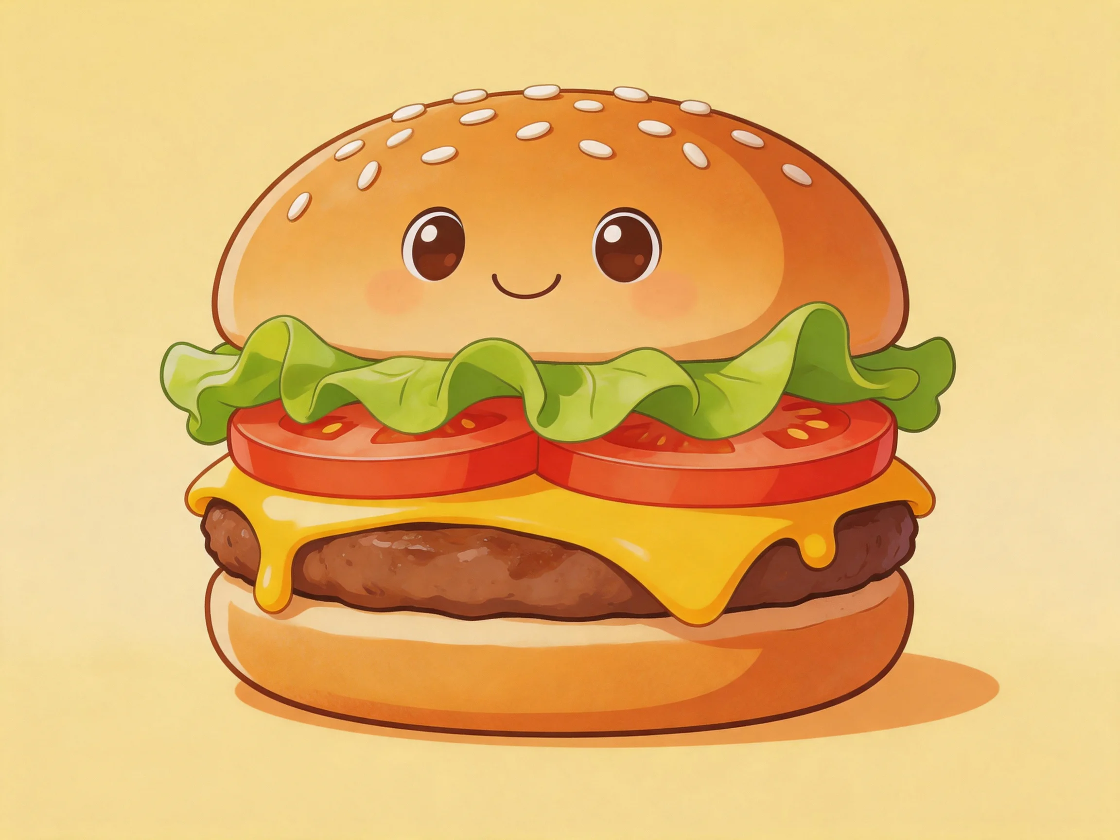 A cute cartoon hamburger with sesame seed top bun, lettuce, tomato slices, melted cheese, and beef pa
