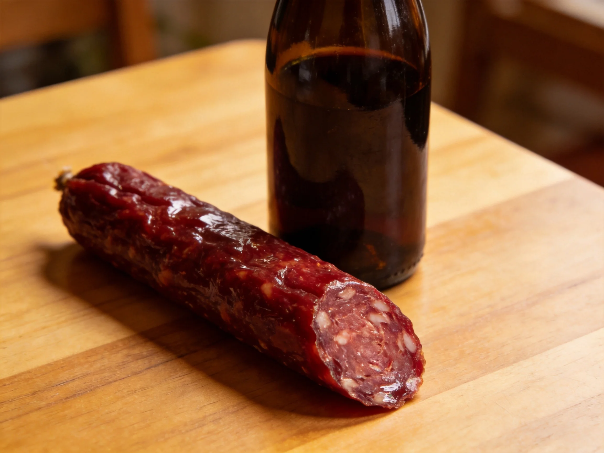 A dark brown bottle sits beside a glossy red salami on a wooden surface