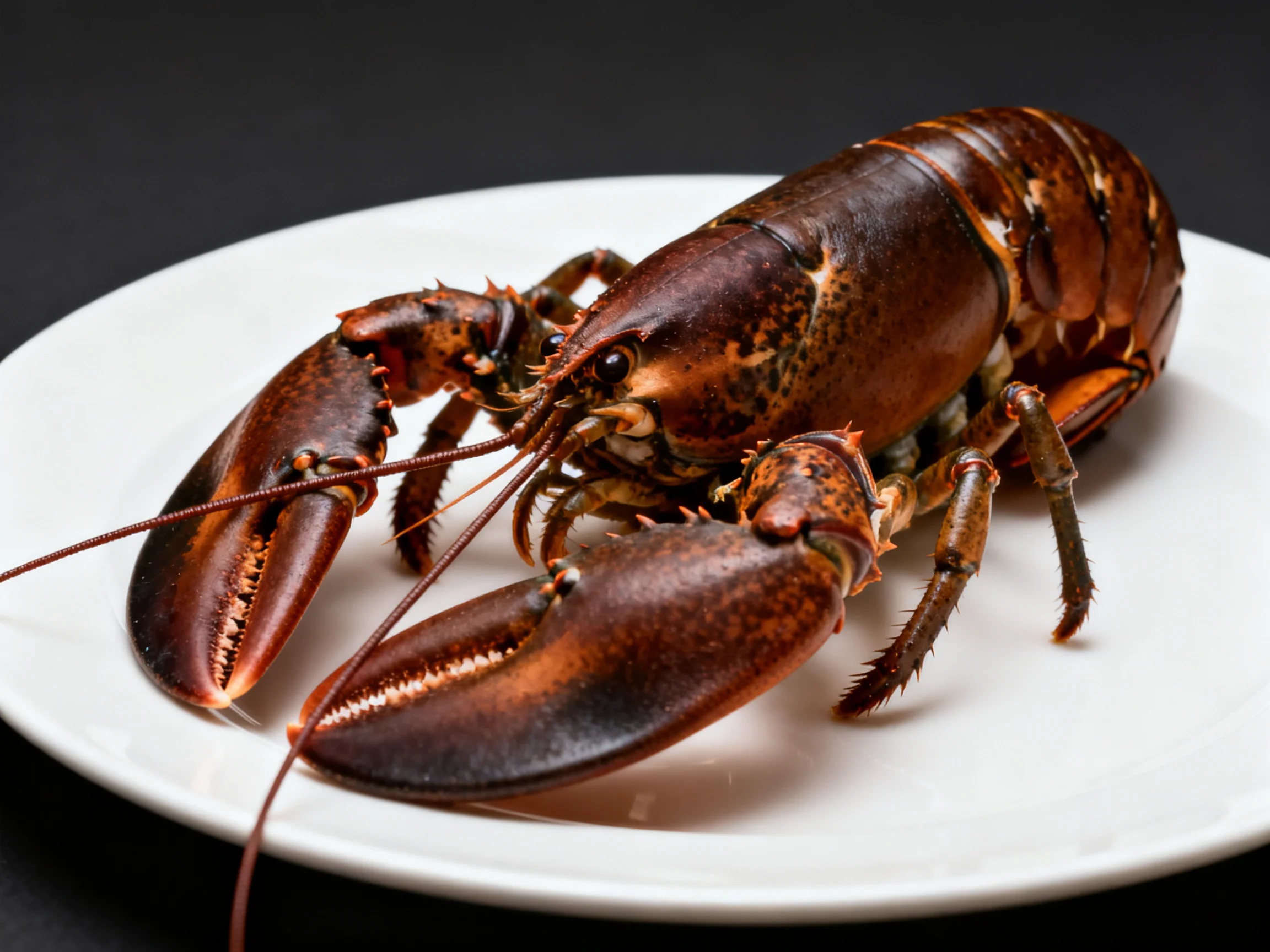 A dark brown cooked lobster displayed on a white plate