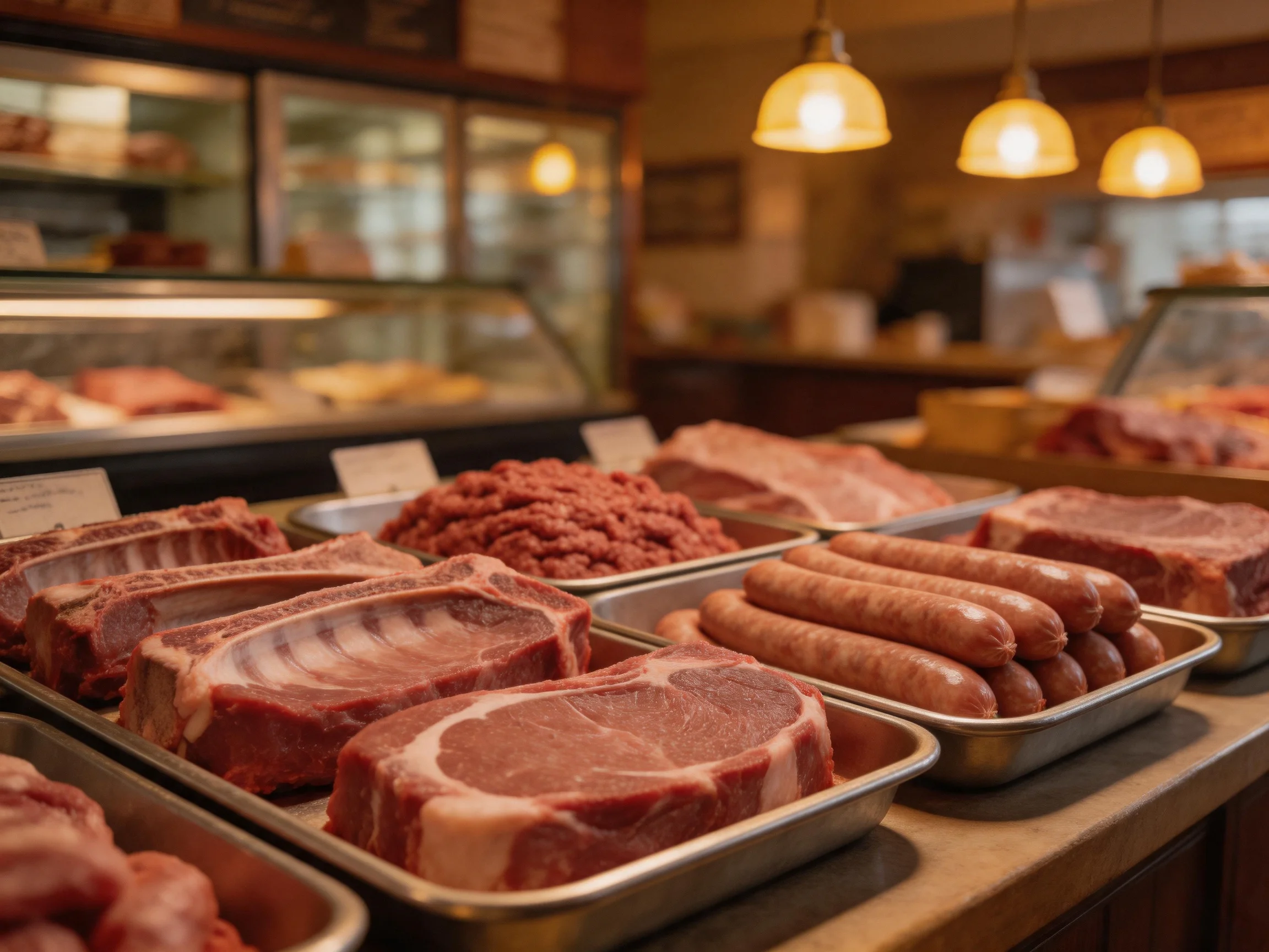 A deli counter displays assorted raw meats including steaks, sausages, and ground beef