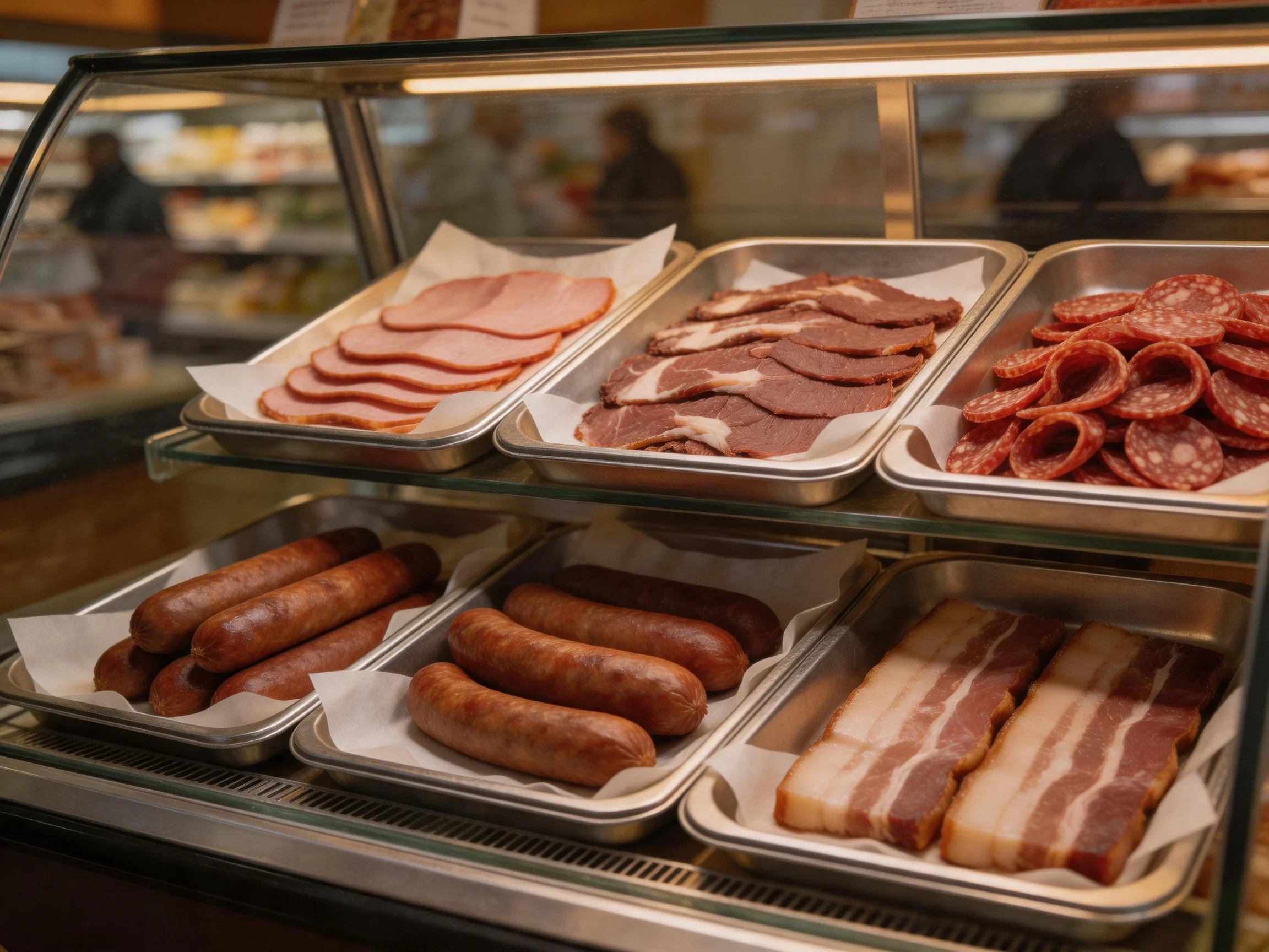 A deli display showcasing assorted sliced meats like ham, salami, and bacon