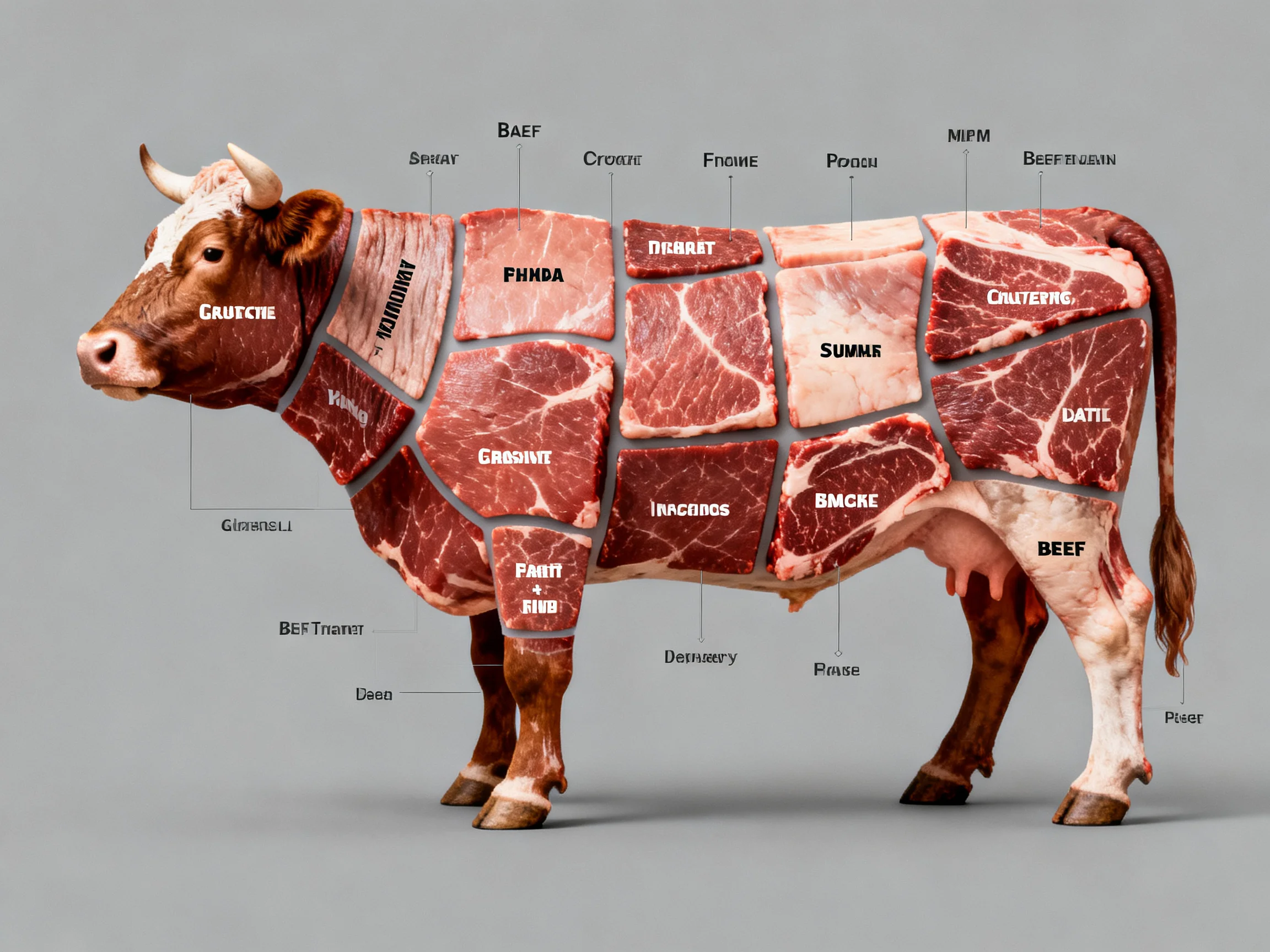 A detailed diagram of various beef cuts on a brown and white cow