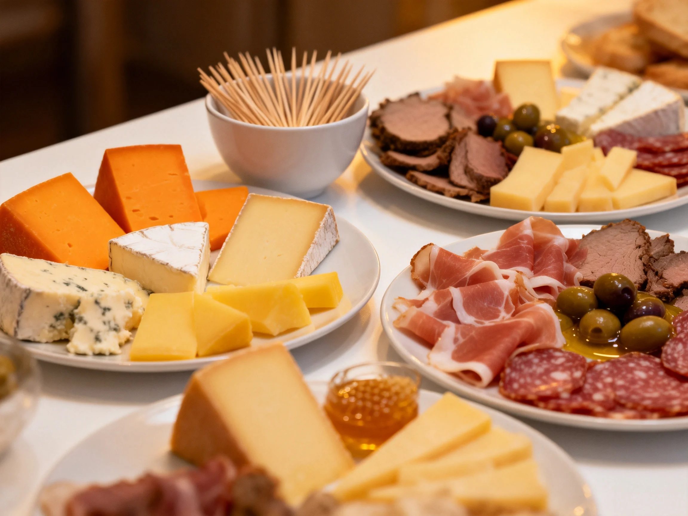 A diverse charcuterie spread with assorted cheeses, meats, and olives
