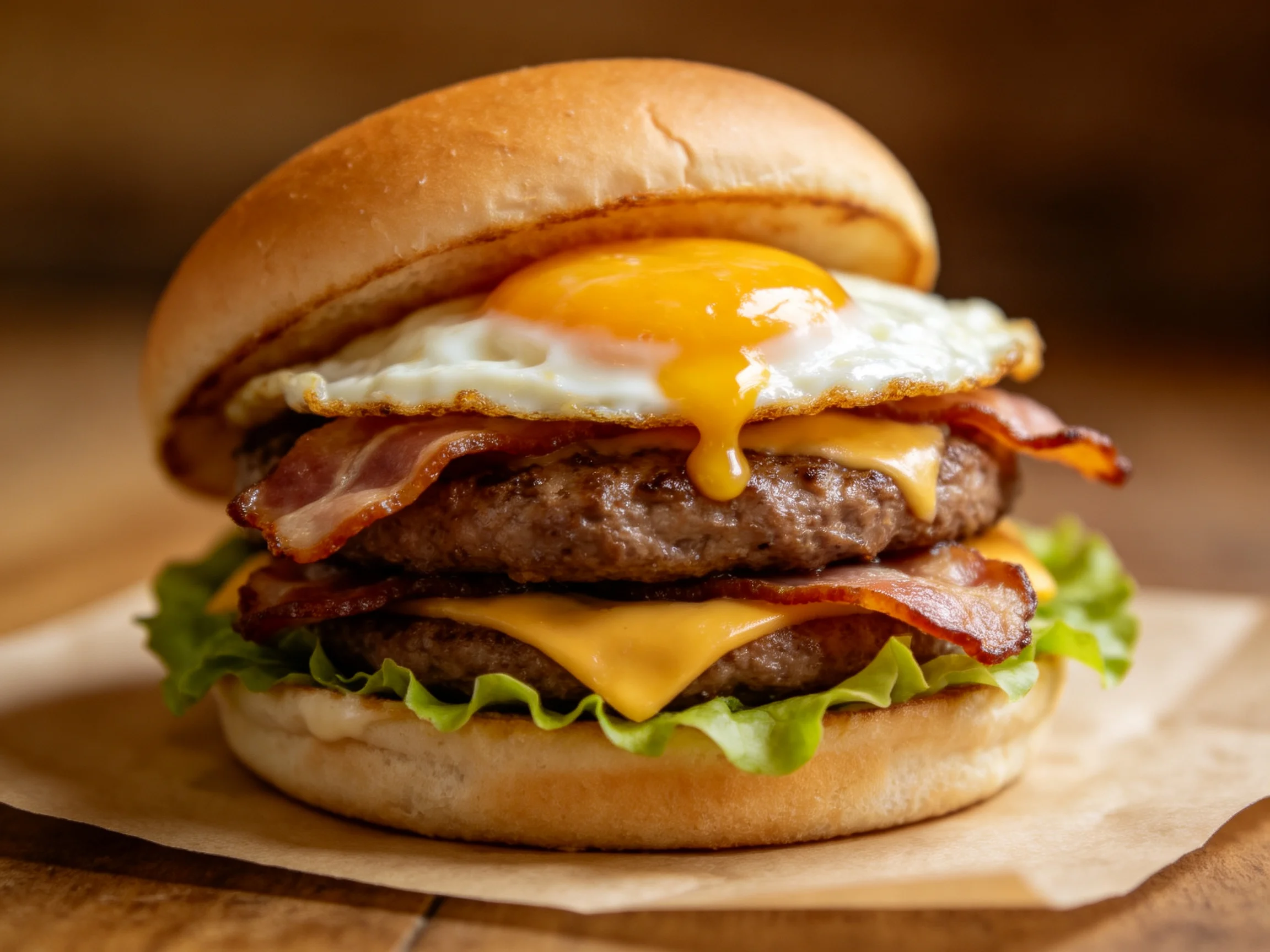 A double cheeseburger with crispy bacon, fried egg, and fresh lettuce