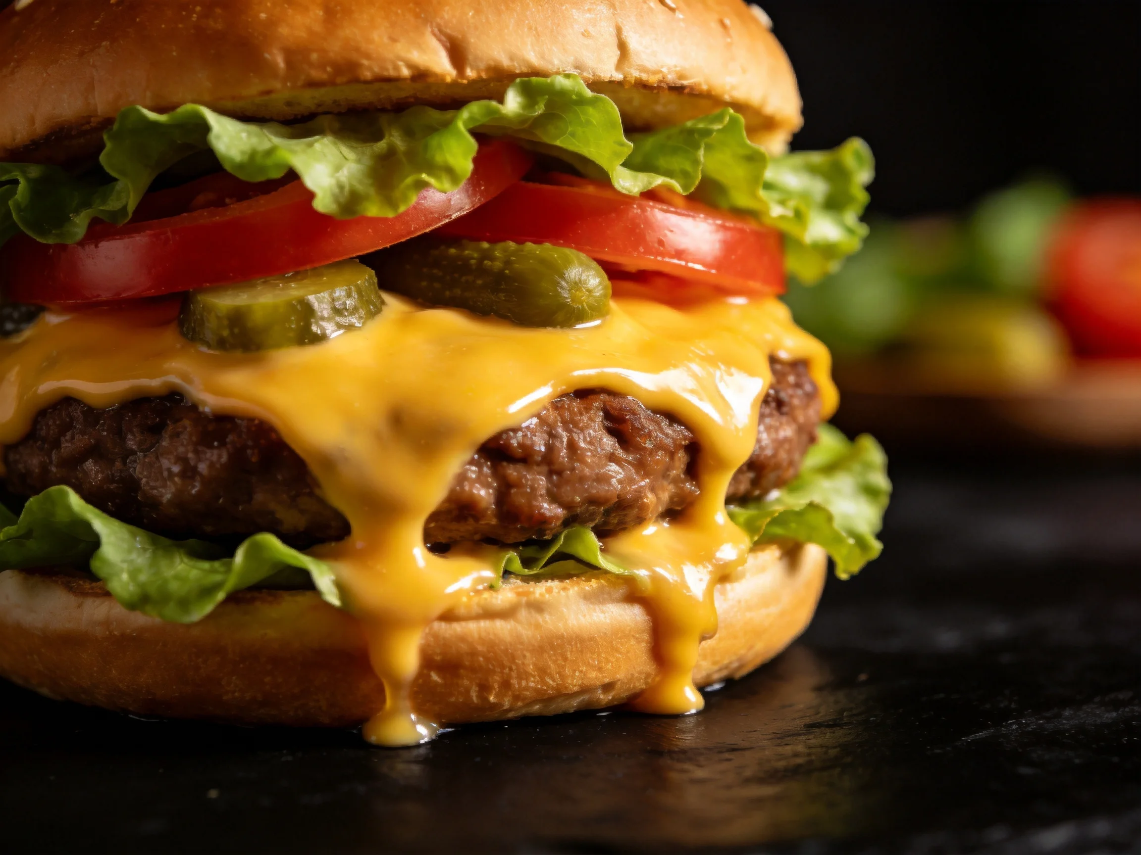 A double cheeseburger with fresh lettuce, tomatoes, pickles, and oozing cheddar