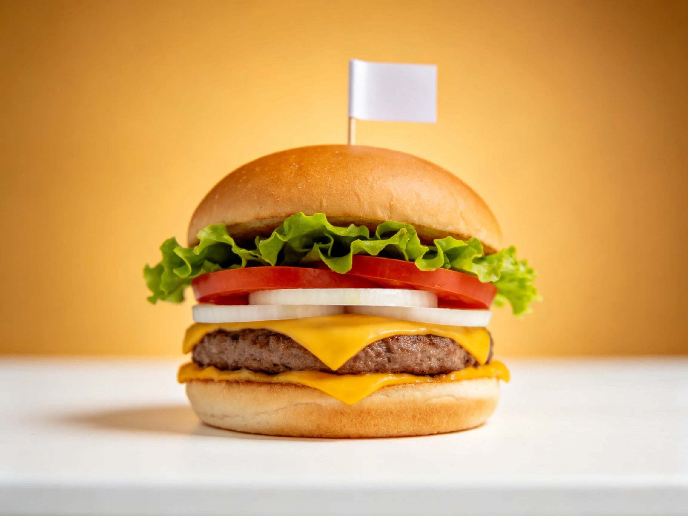 A double cheeseburger with lettuce, tomato, onion on golden buns