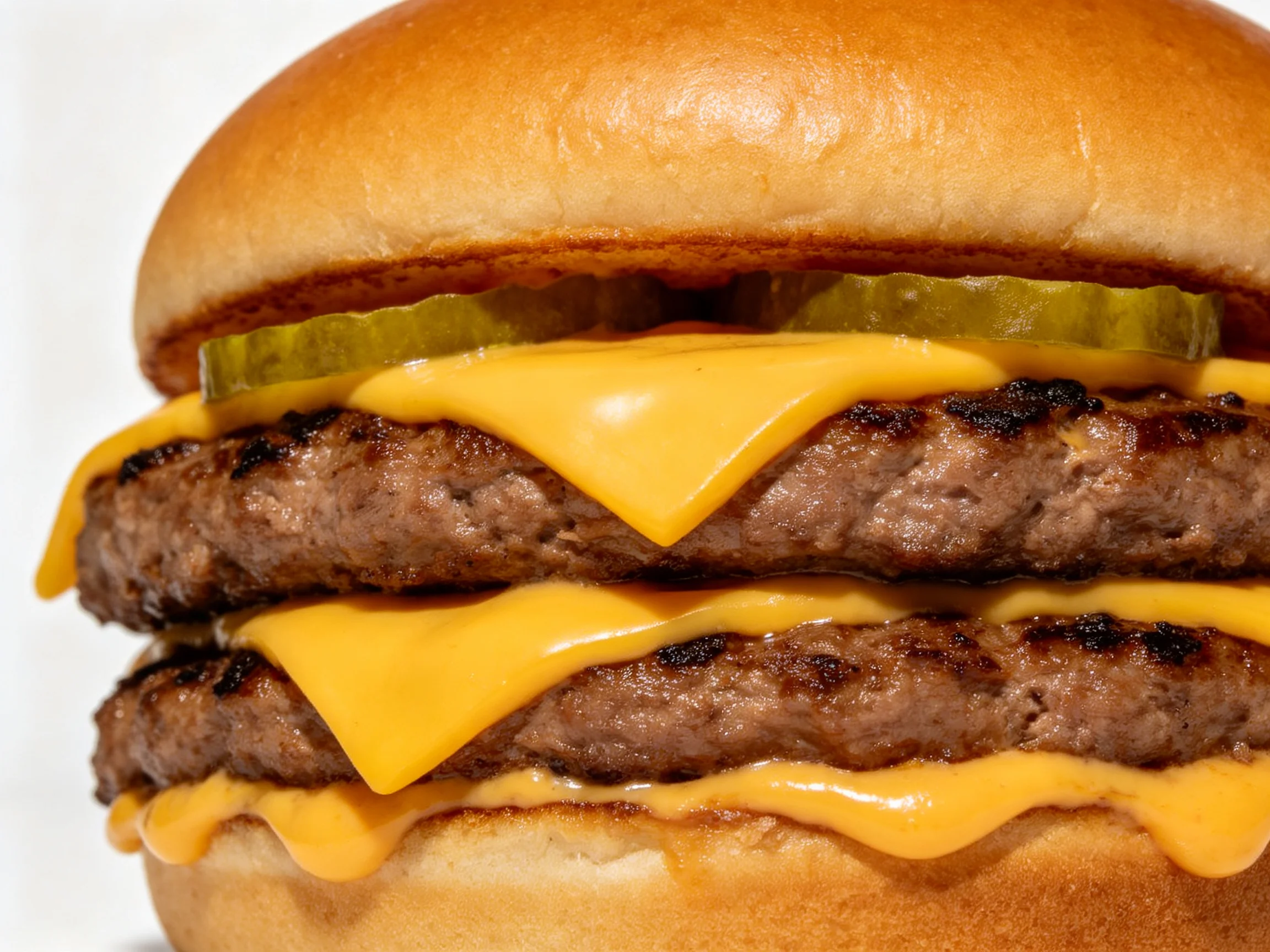 A double cheeseburger with two beef patties, melted cheddar, and pickle slices