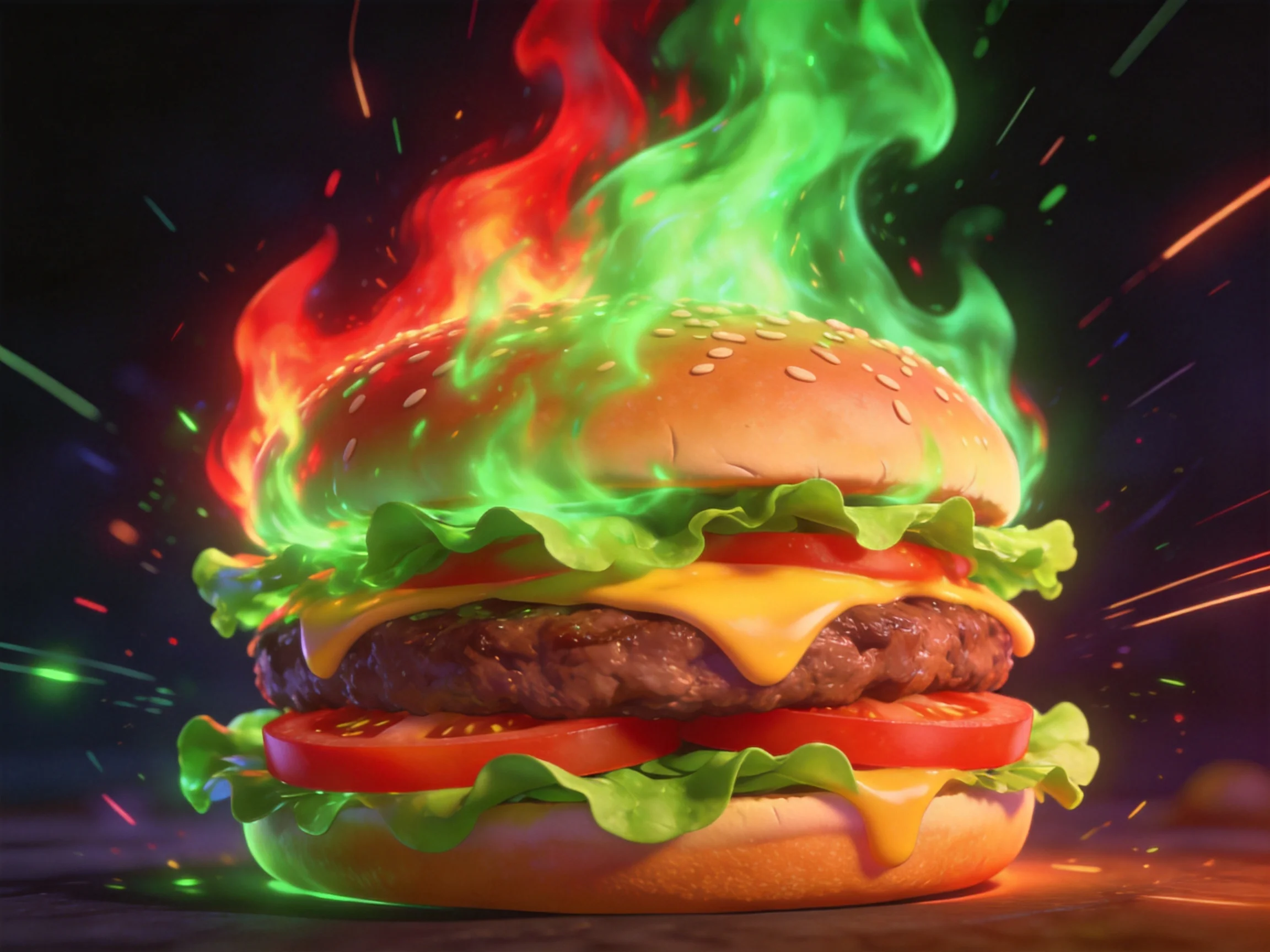 A double-decker cheeseburger engulfed in vibrant red and green flames