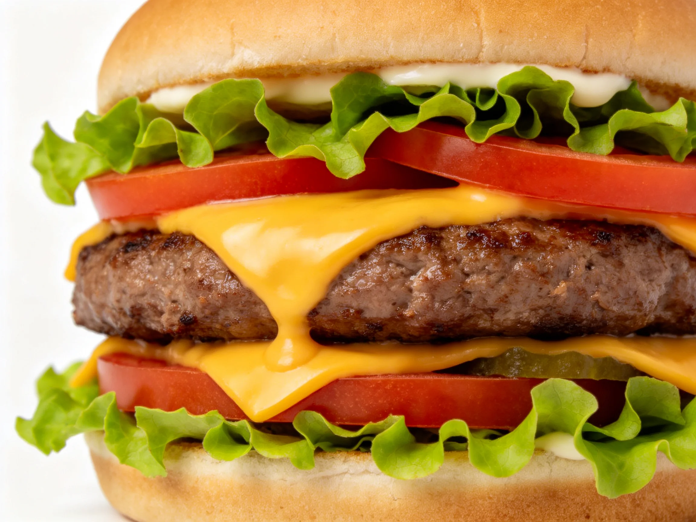 A double-decker cheeseburger with fresh lettuce, tomatoes, and melted cheddar