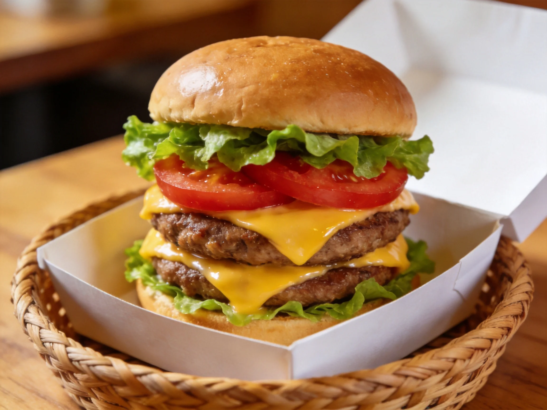 A double-decker cheeseburger with fresh veggies in a wicker basket