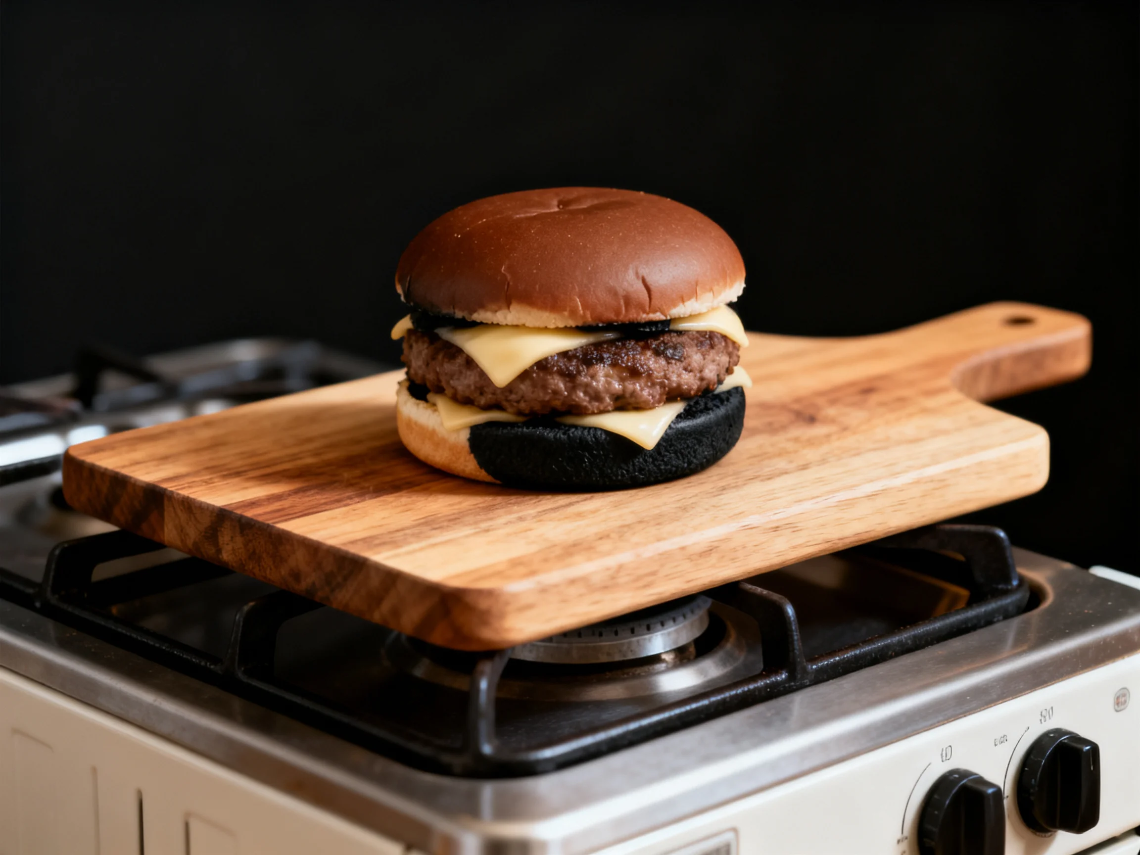 A double-decker cheeseburger with melted cheese on a wooden cutting board over a gas stove