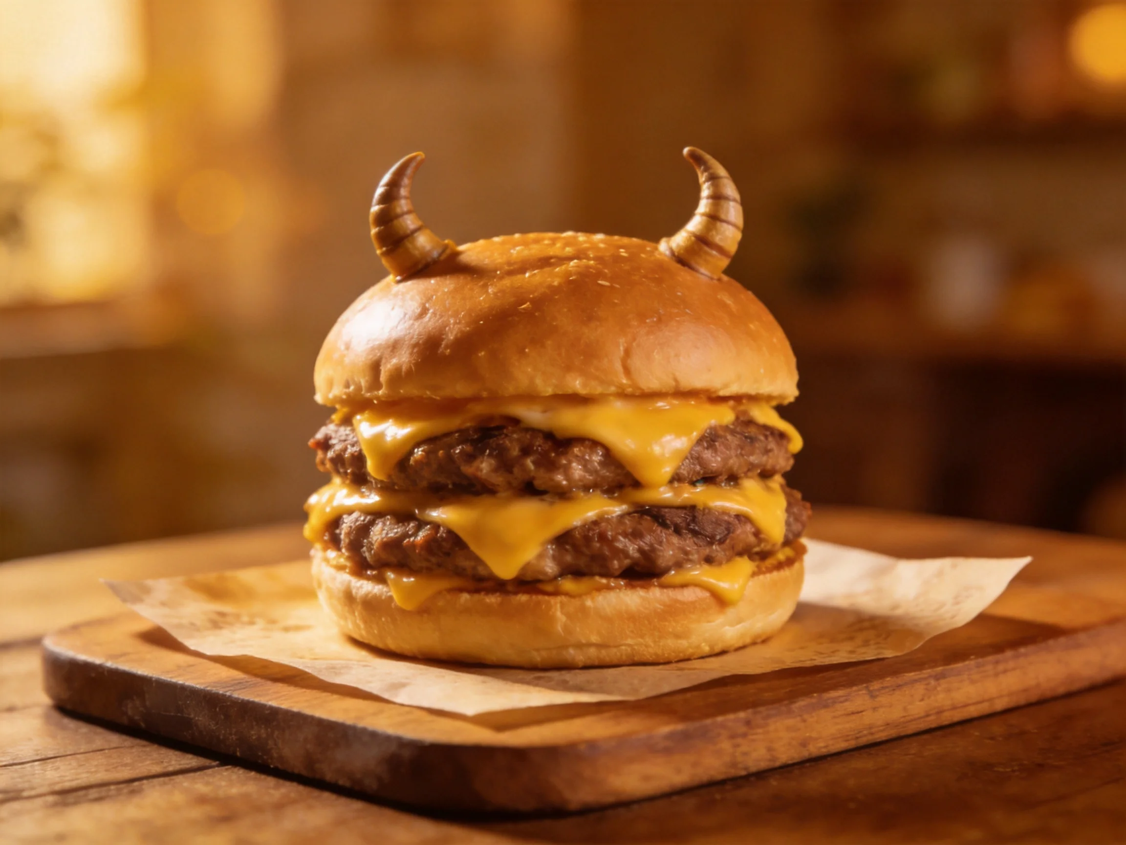 A double-patty cheeseburger with devil horns sits a wooden board