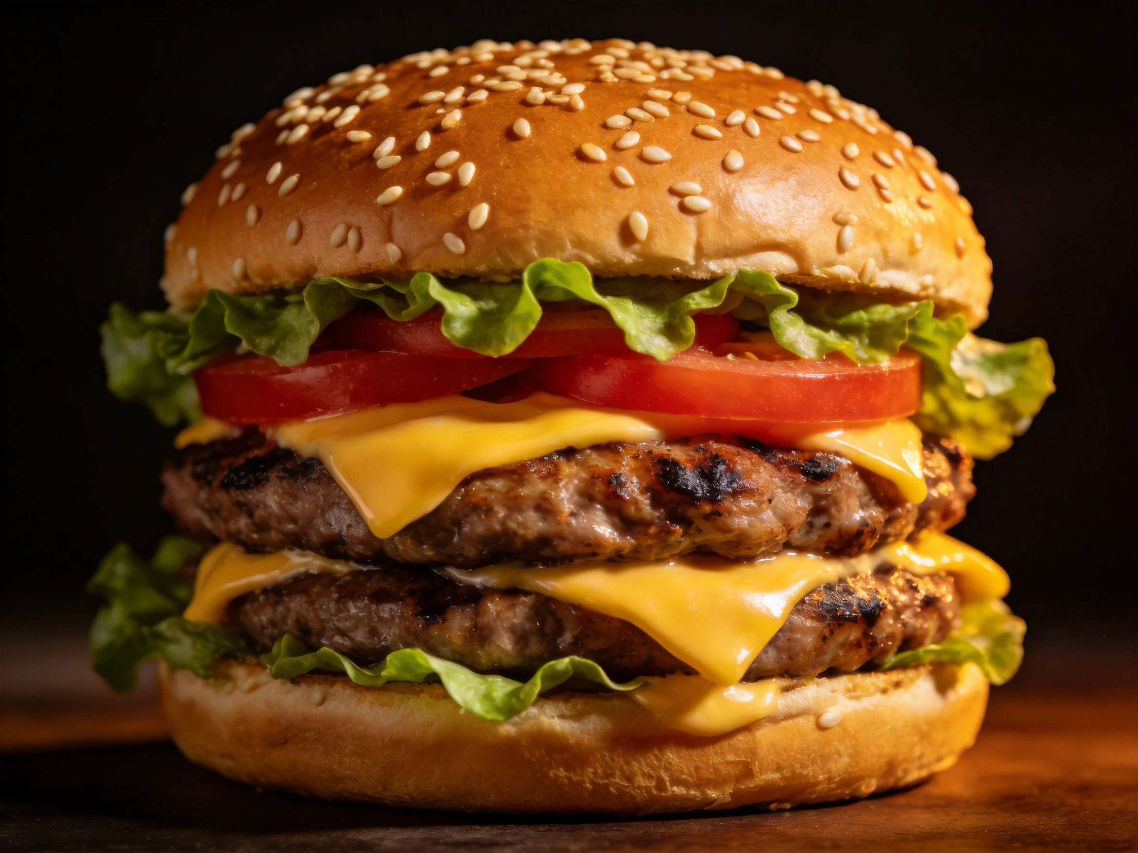 A double-patty cheeseburger with sesame bun, fresh veggies, and melted cheddar
