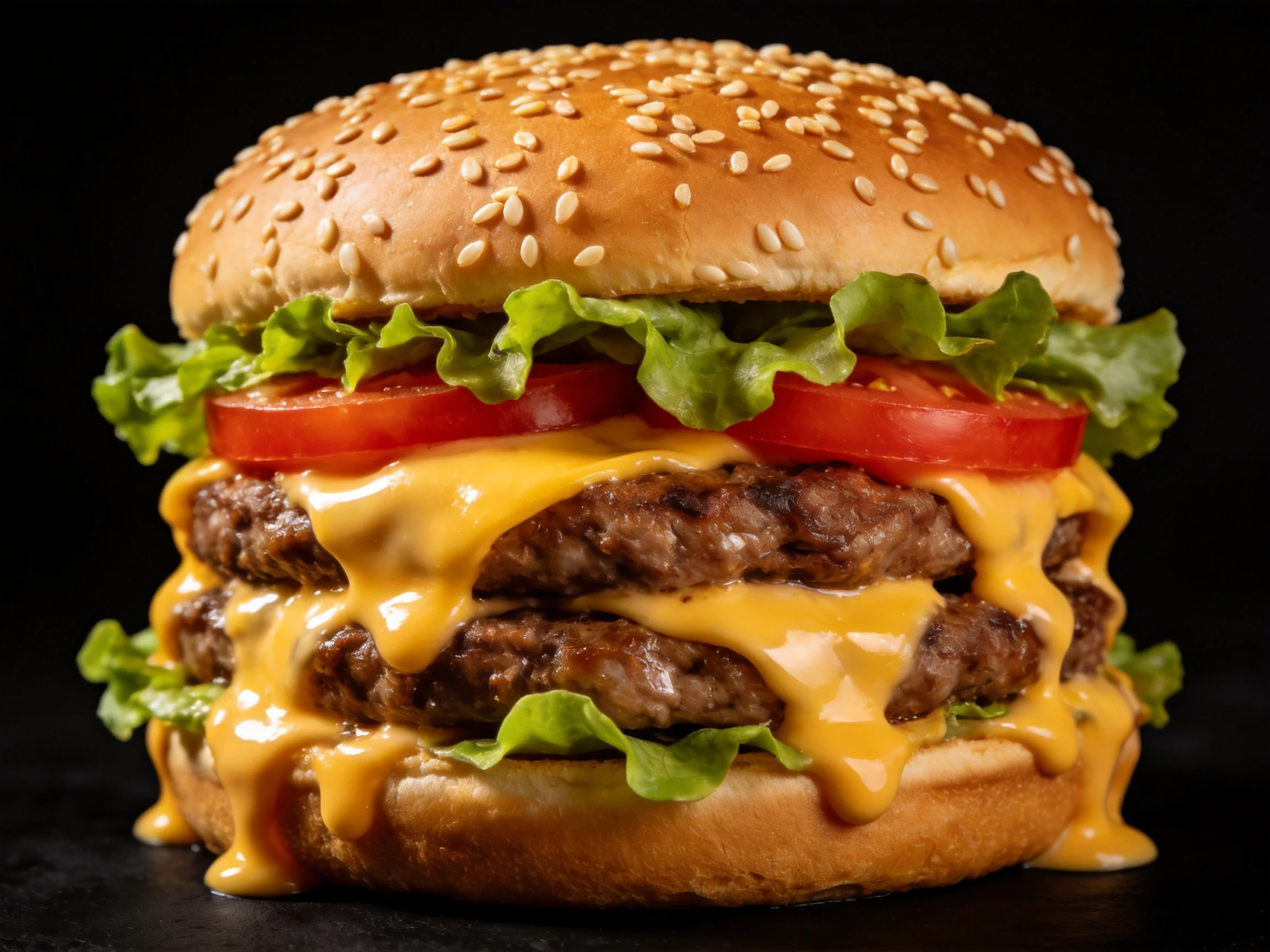 A double-patty cheeseburger with sesame bun, lettuce, tomato, and melted cheddar sauce