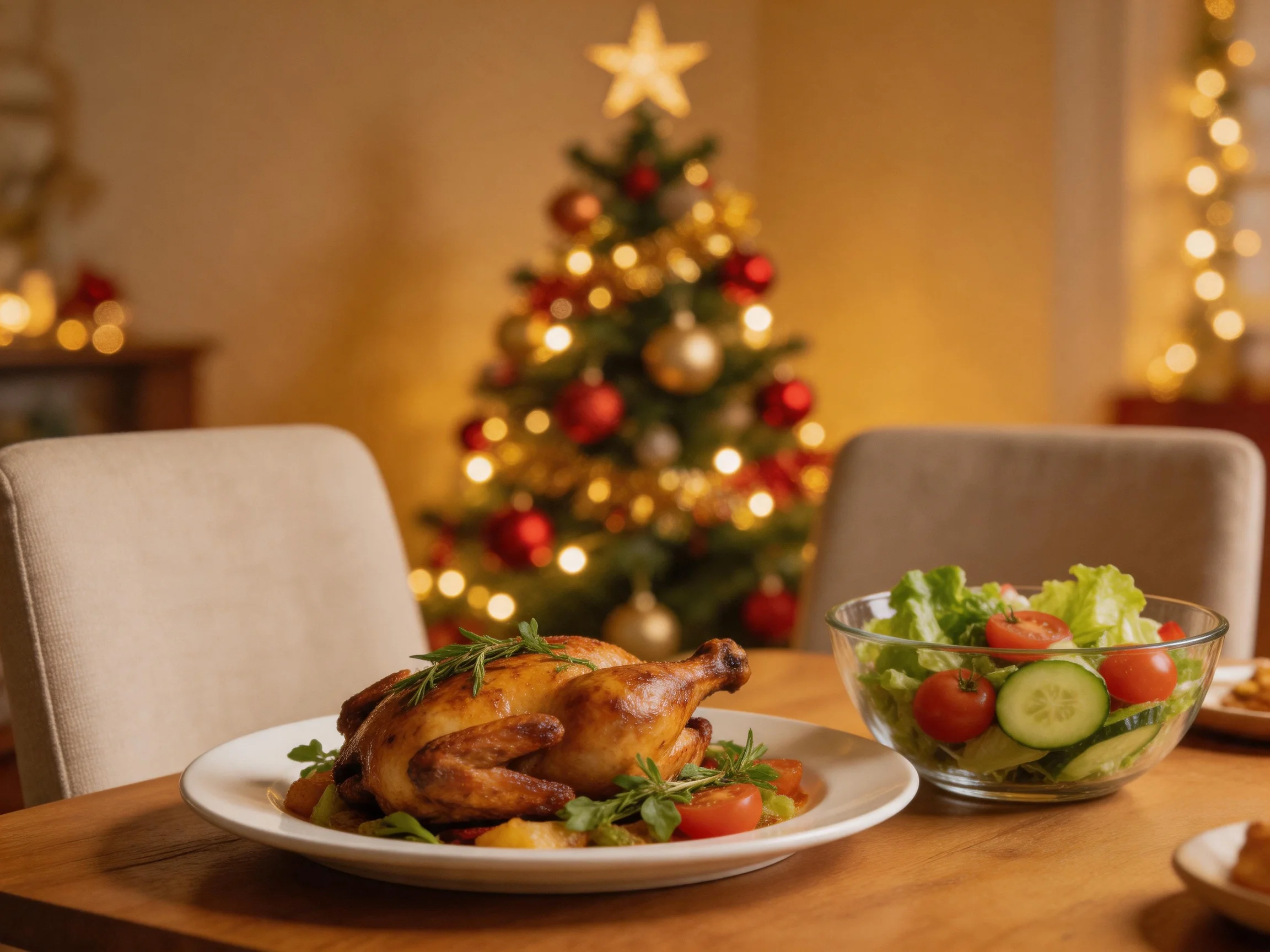 A festive dining table with roasted chicken, fresh salad, and a lit Christmas tree