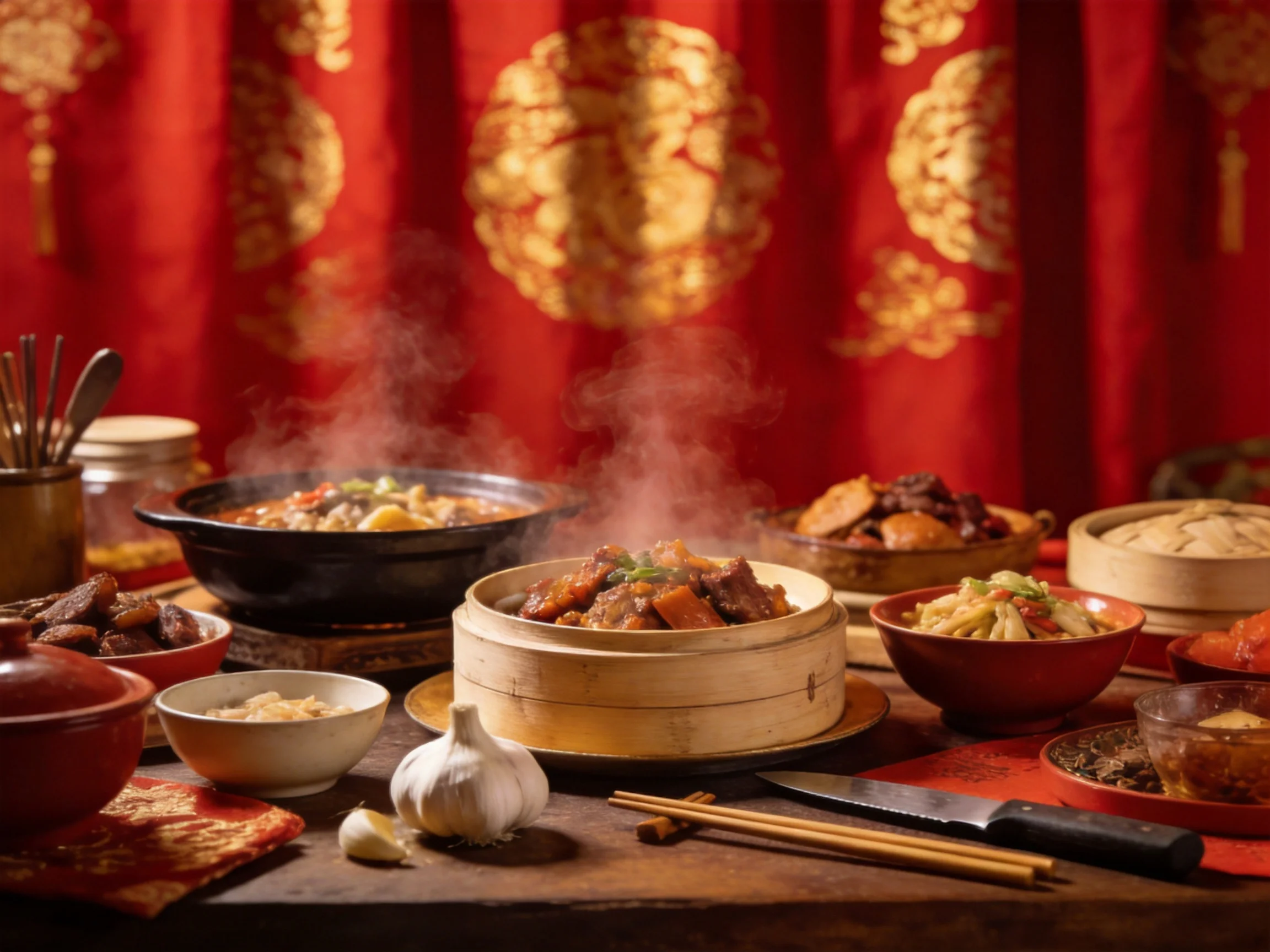 A festive spread of steaming Chinese dishes against red patterned curtains