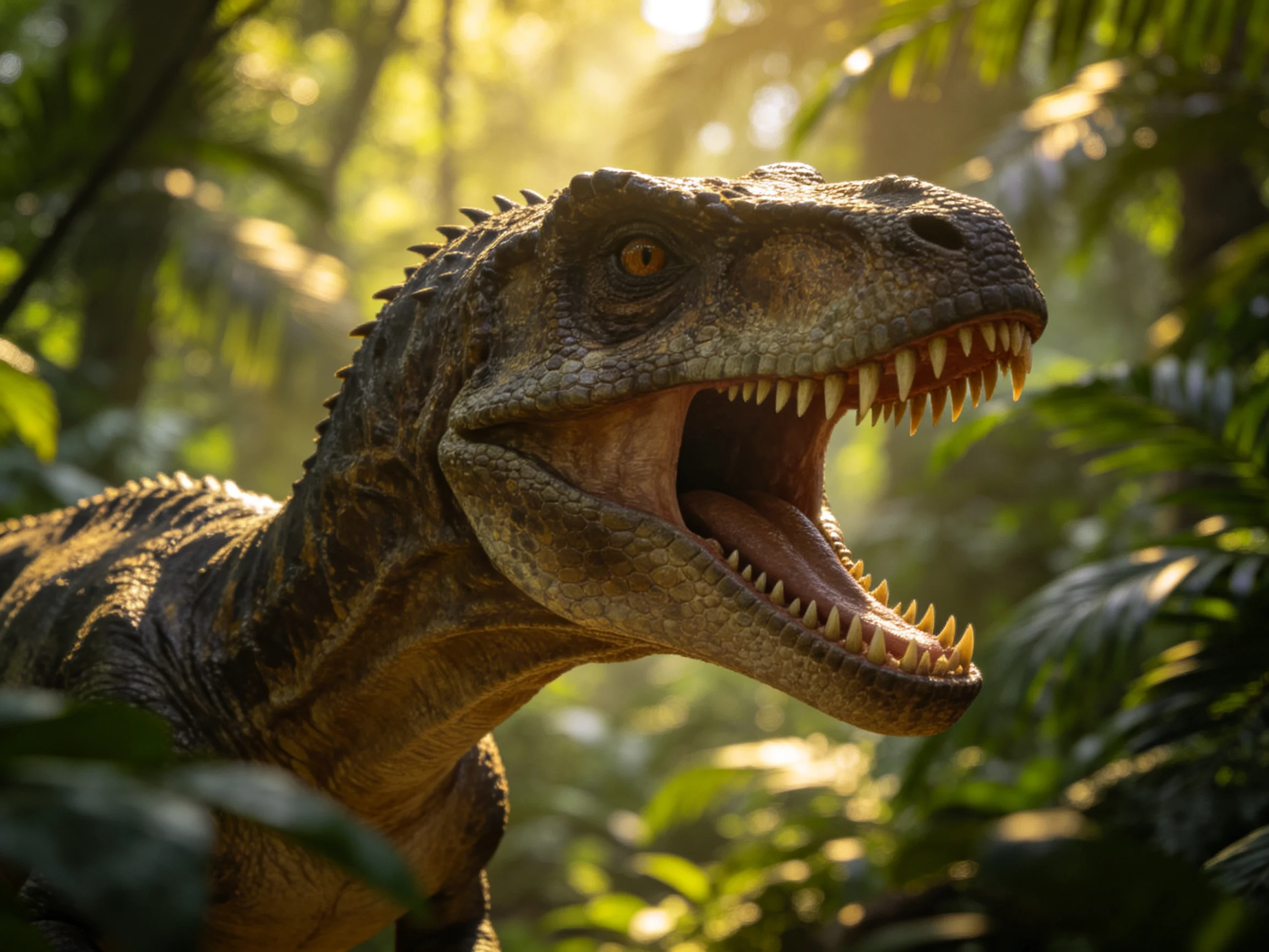 A fierce brown Tyrannosaurus roaring amid dense green prehistoric foliage