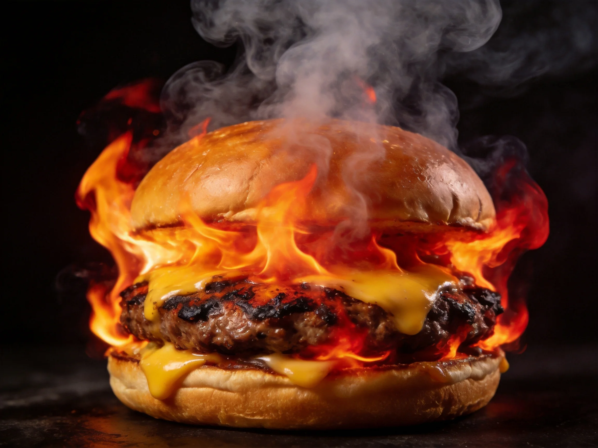 A flaming cheeseburger with melted yellow cheese and bright orange flames