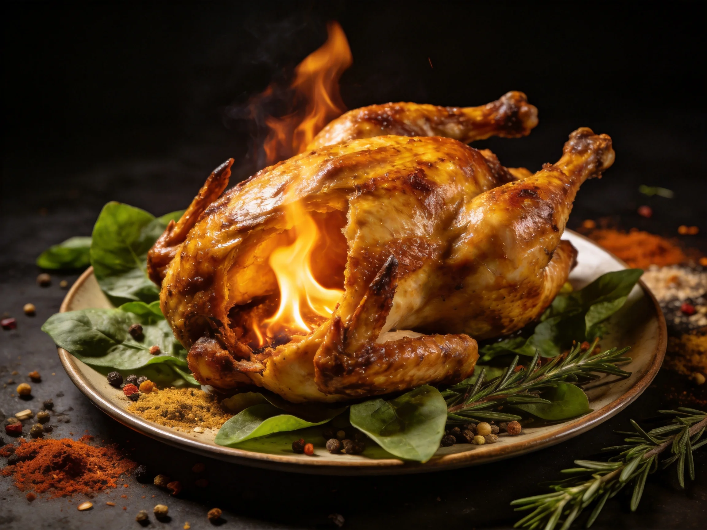 A flaming roasted whole chicken presented with fresh herbs and spices