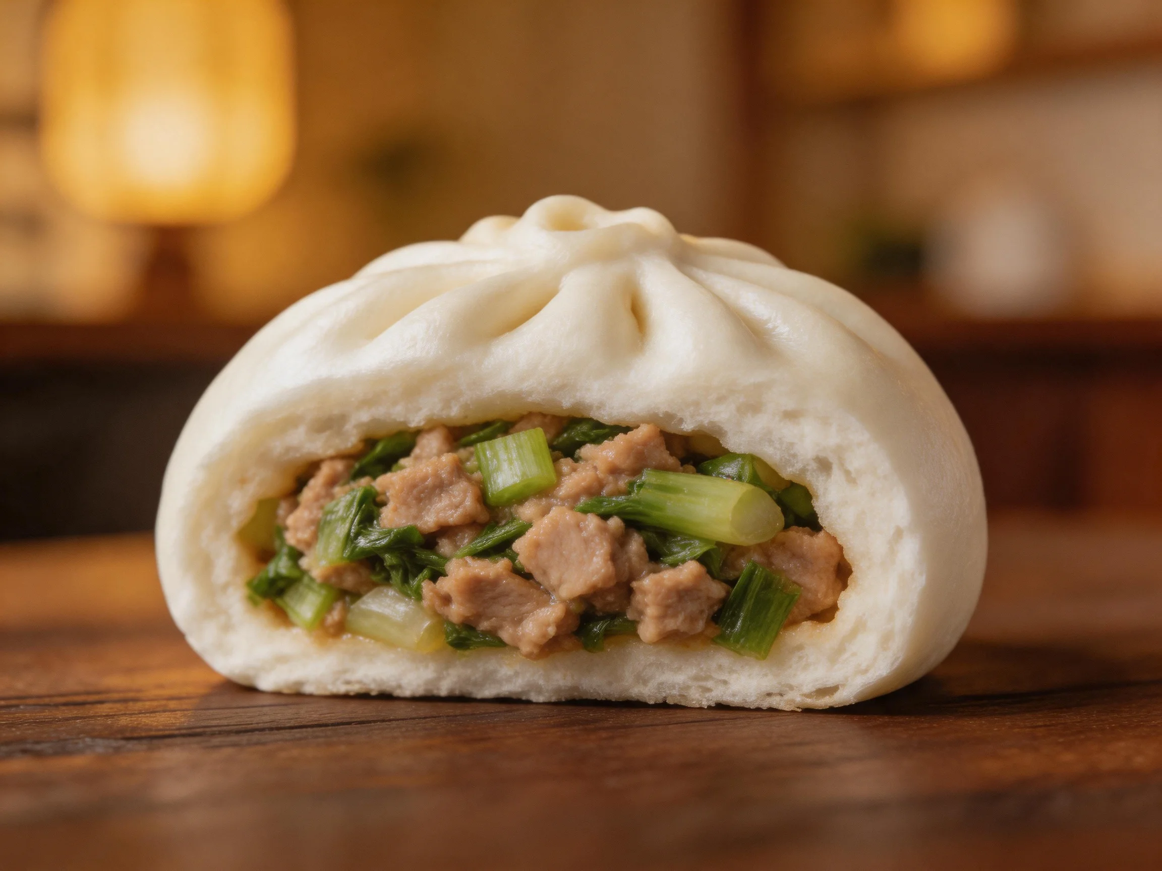 A fluffy steamed bun with savory meat and green vegetable filling
