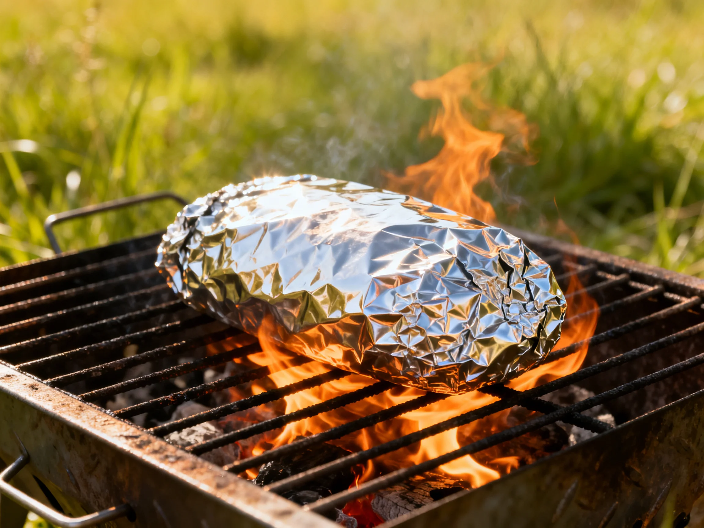 A foil-wrapped dish grills over bright flames