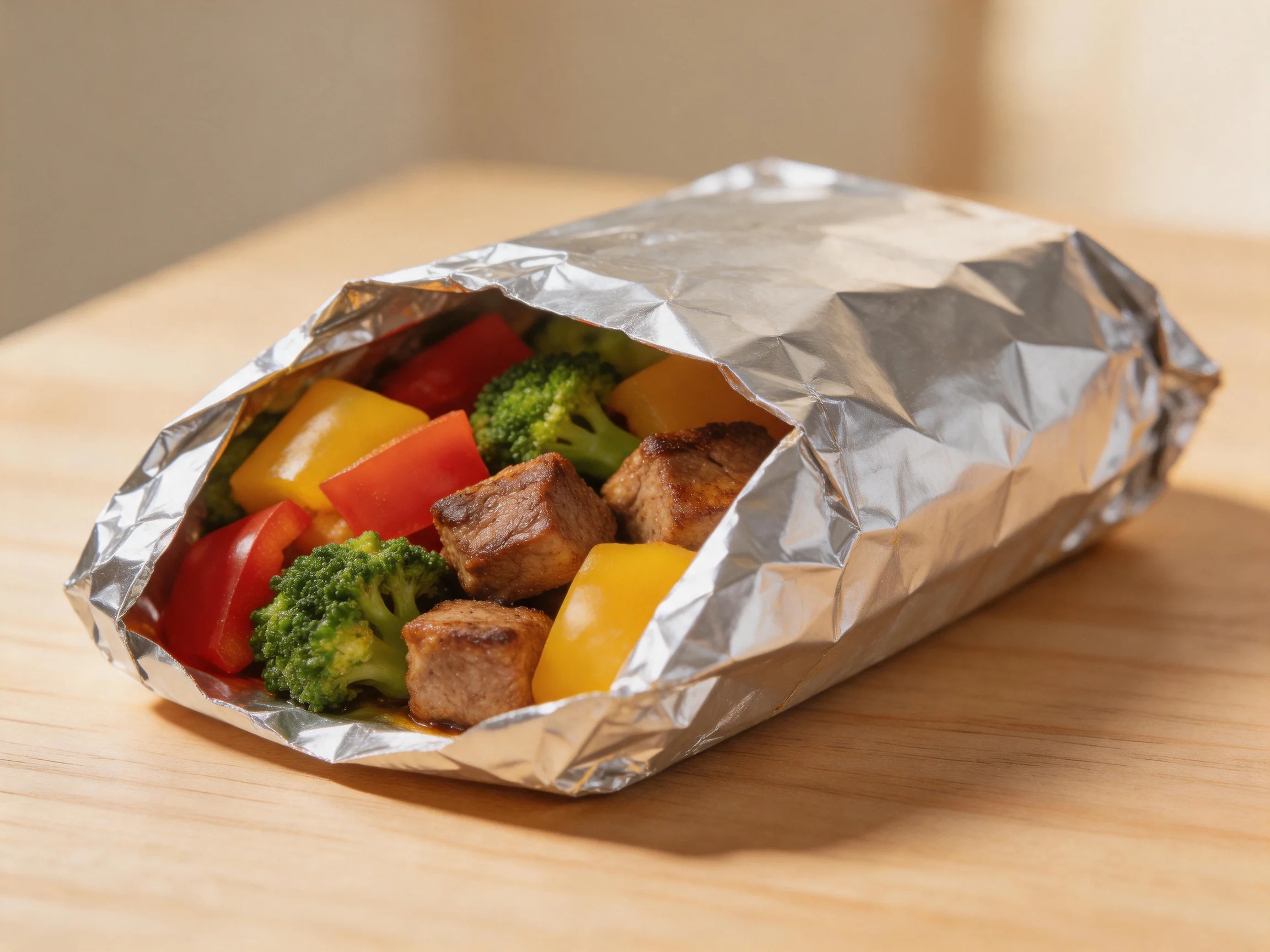 A foil-wrapped dish with grilled meat, broccoli, and colorful peppers