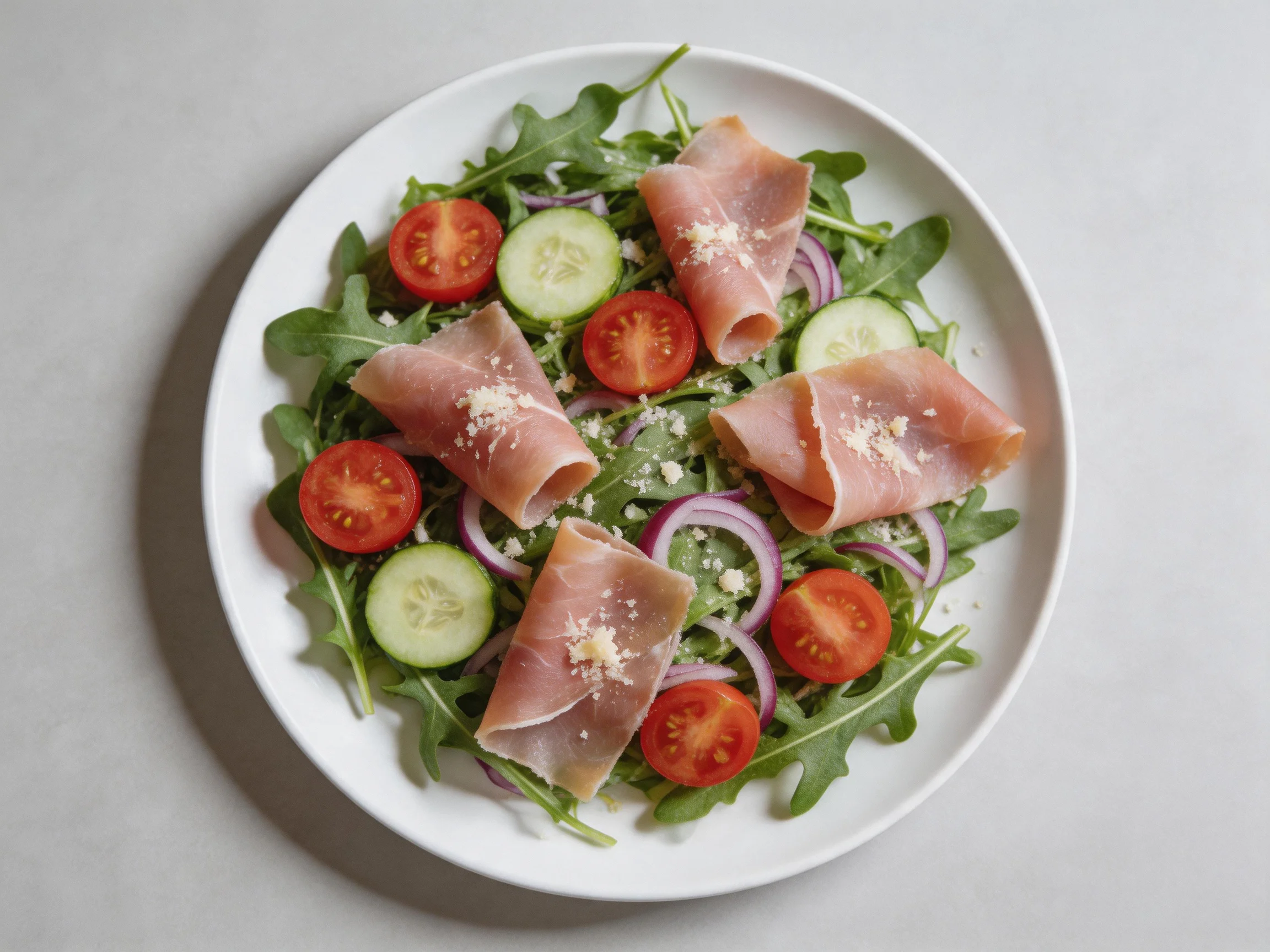A fresh arugula salad with prosciutto, cherry tomatoes, cucumbers, and red onion