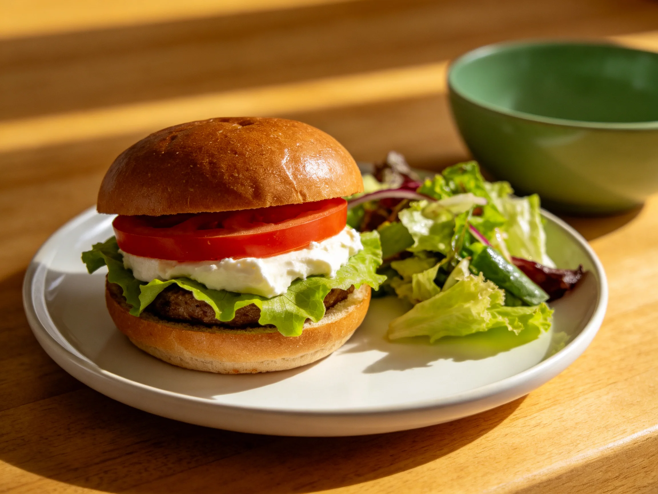 A fresh burger with tomato, lettuce, and a side salad on a white plate
