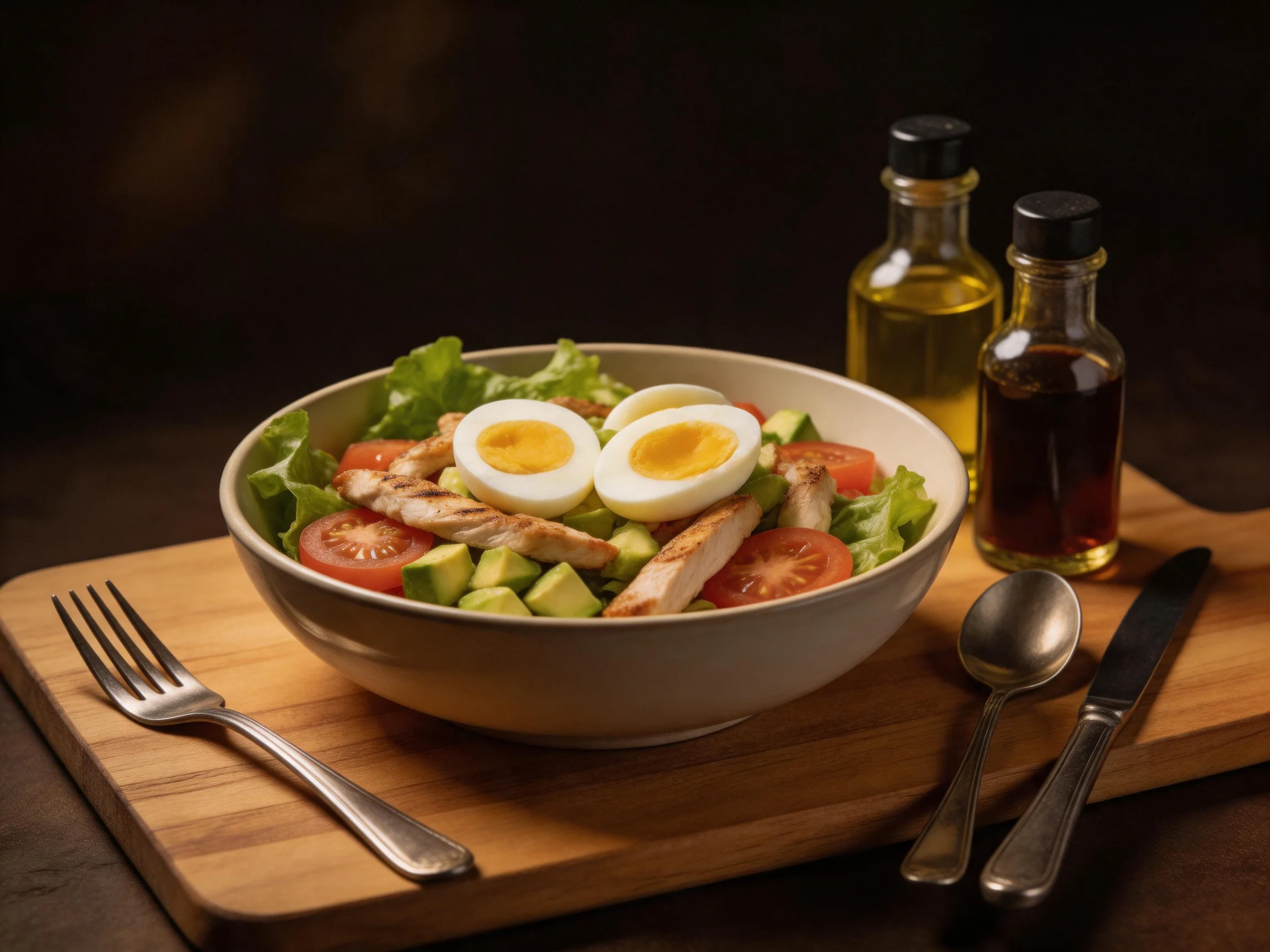 A fresh chicken and egg salad served with dressing bottles and cutlery