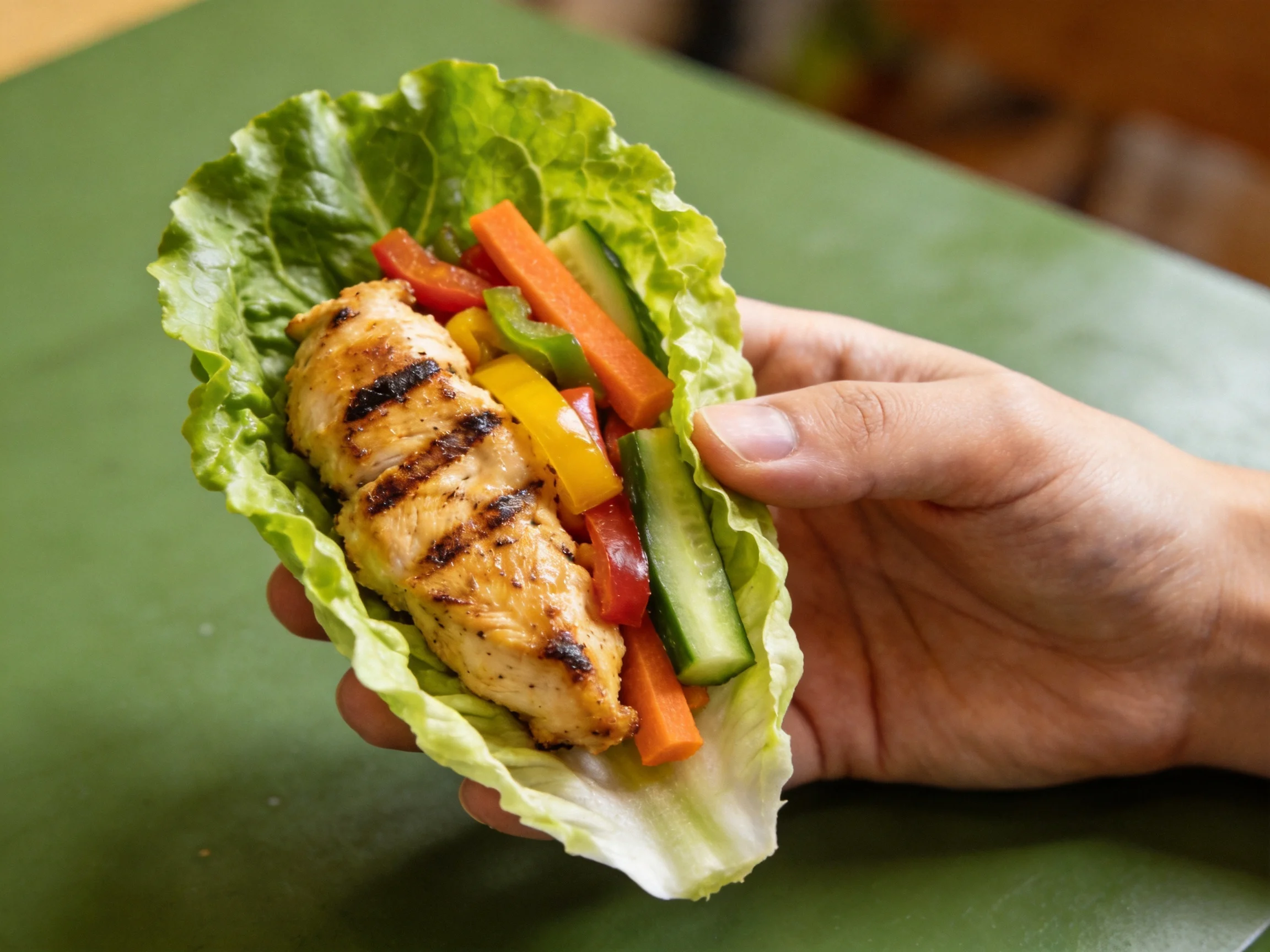 A fresh lettuce wrap holds grilled chicken and colorful vegetables